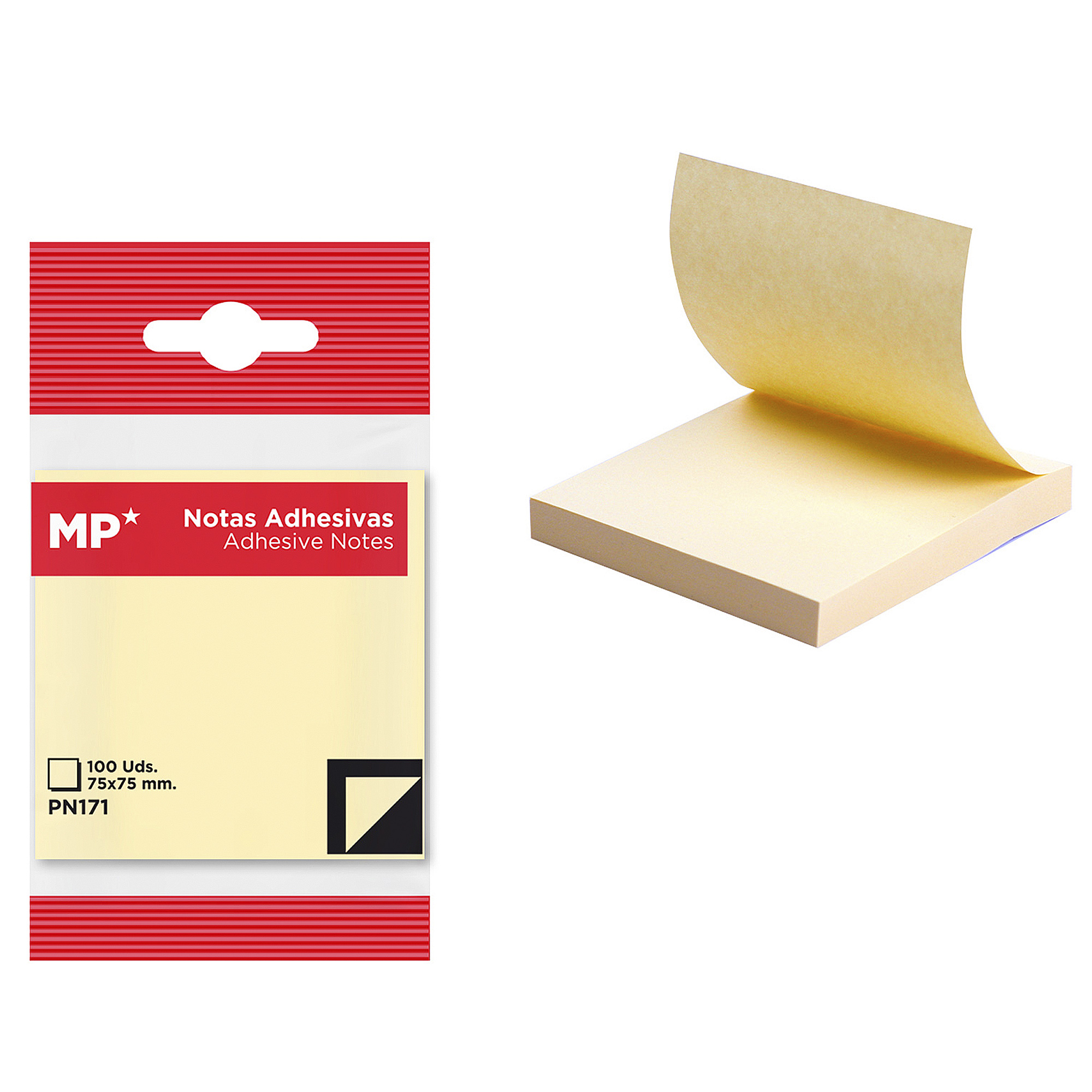 Paquete de notas adhesivas amarillas (75x75mm) junto a un bloque de notas.