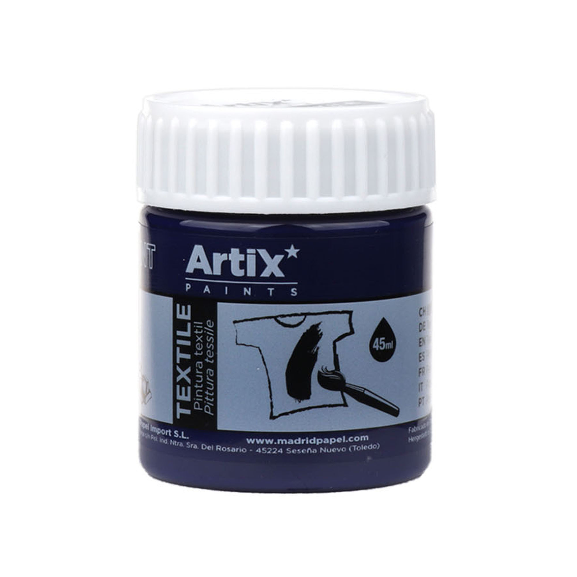 Vernice tessile Artix Paints blu scuro, 45ml, con tappo bianco.