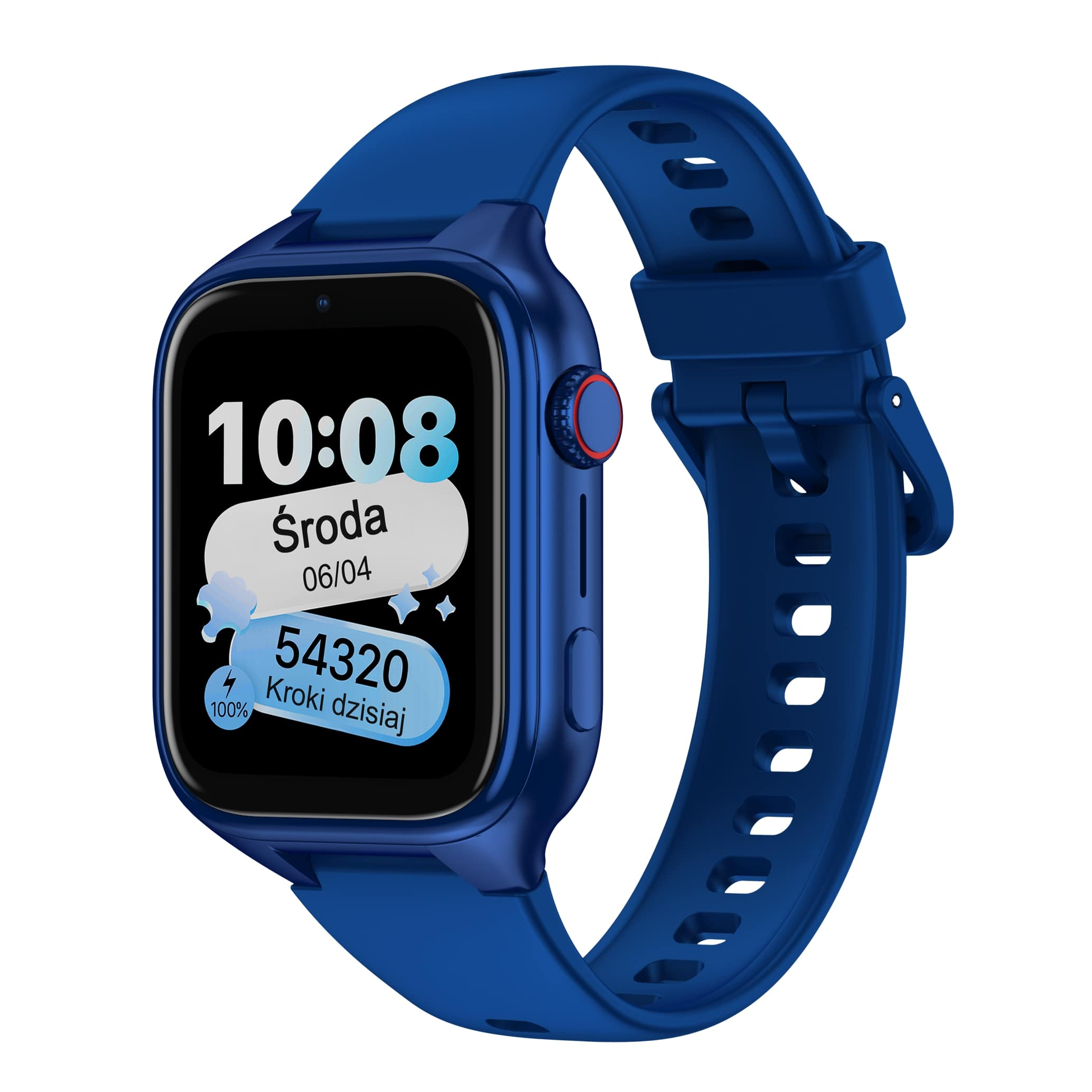 Niebieski smartwatch pokazuje 10:08, środa 06/04, 54320 kroków, 100% baterii.