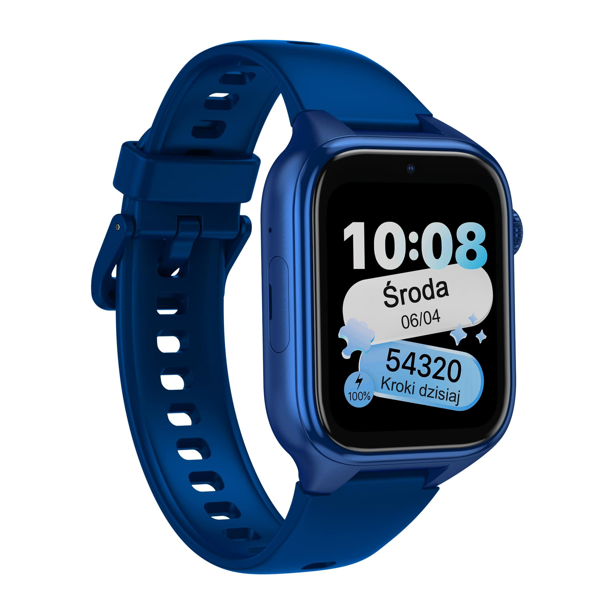 Niebieski smartwatch wyświetla godzinę, datę i liczbę kroków.