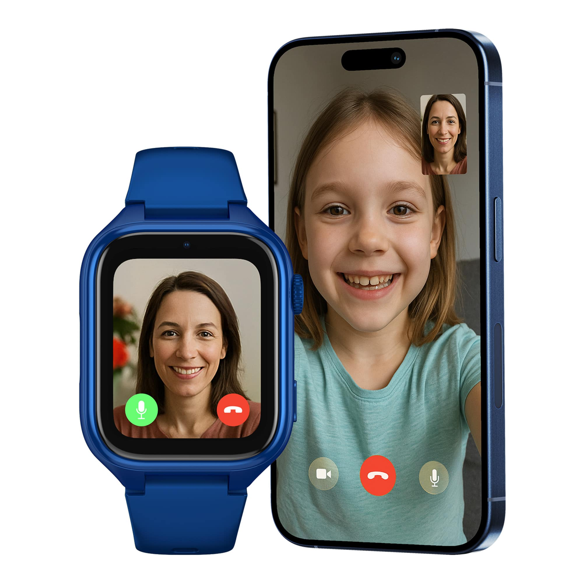 Niebieski smartwatch i smartfon pokazują rozmowę wideo między dzieckiem a kobietą.