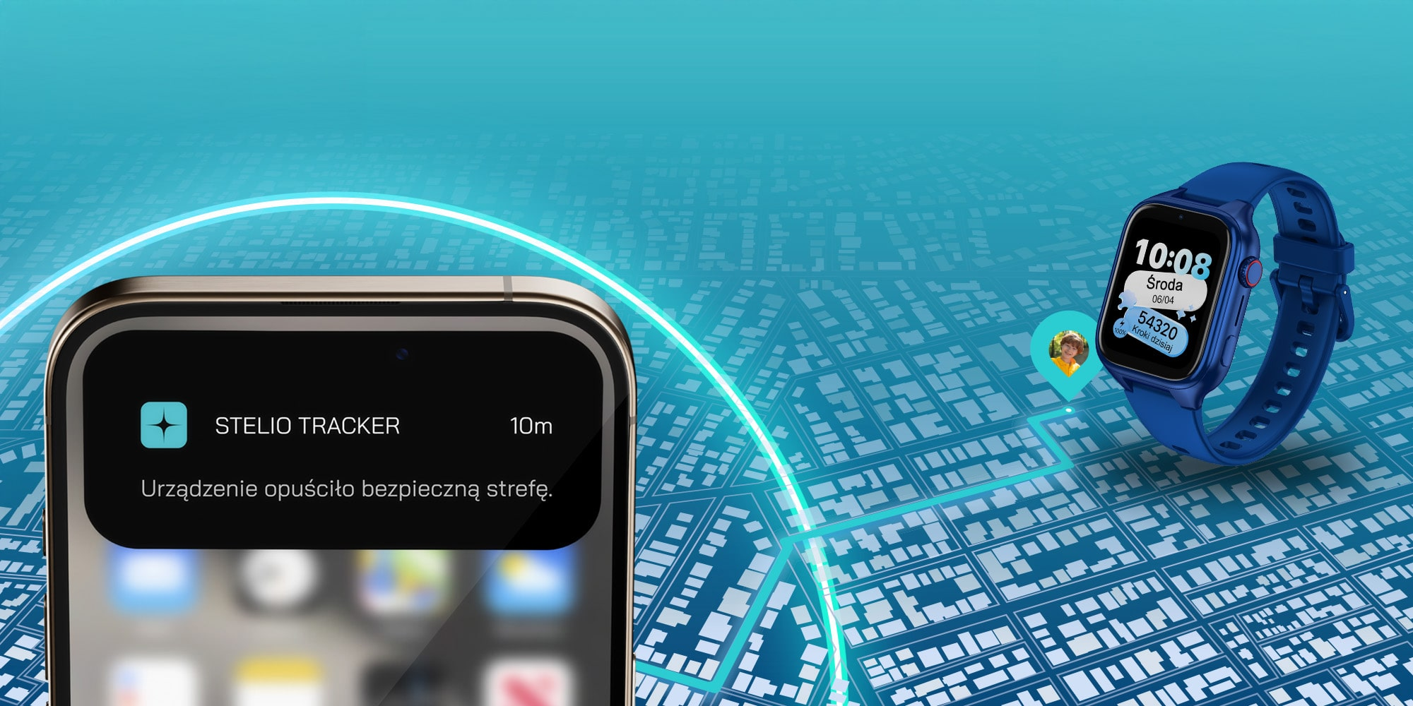 Smartfon wyświetla powiadomienie STELIO TRACKER, obok smartwatch.