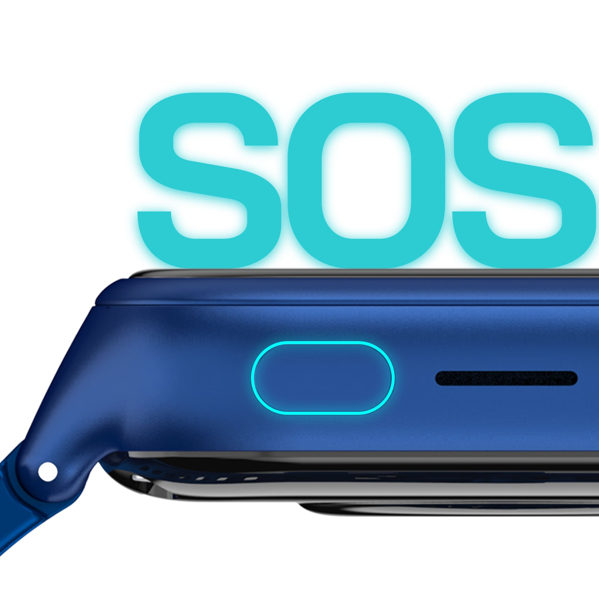 Niebieski smartwatch z napisem SOS i świecącym przyciskiem.