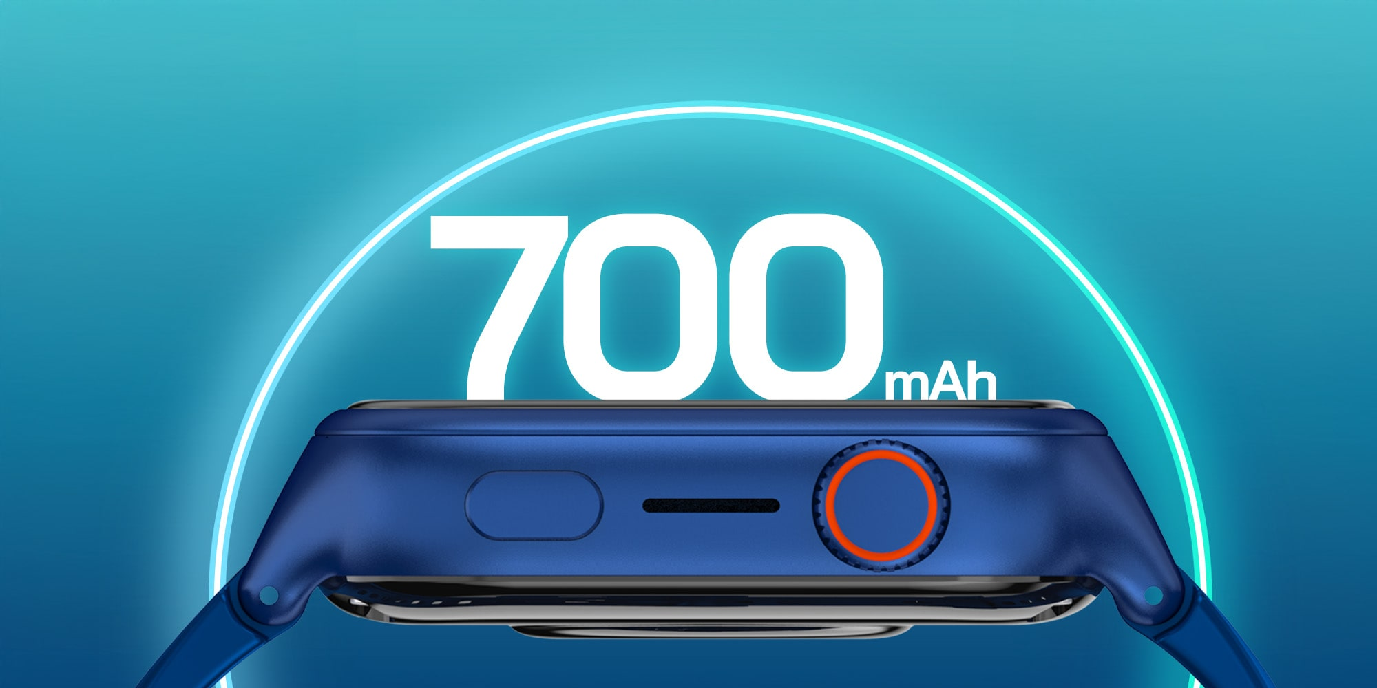 Niebieski smartwatch ze wskaźnikiem baterii 700 mAh na niebieskim tle.