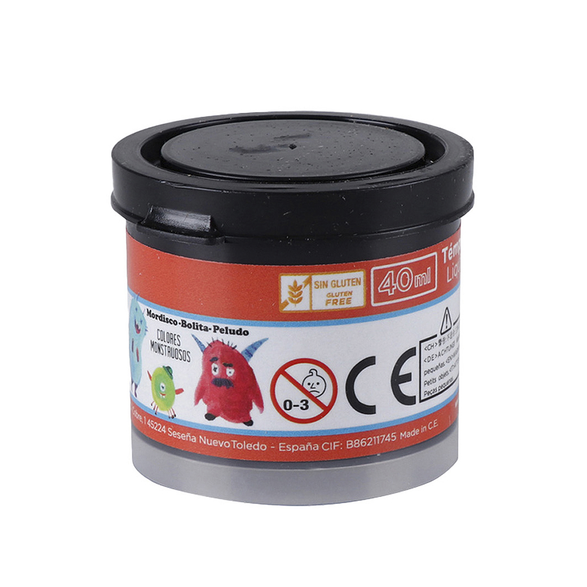 Contenitore con coperchio nero, etichetta rosso-bianca, mostri, marchio CE e 40ml.