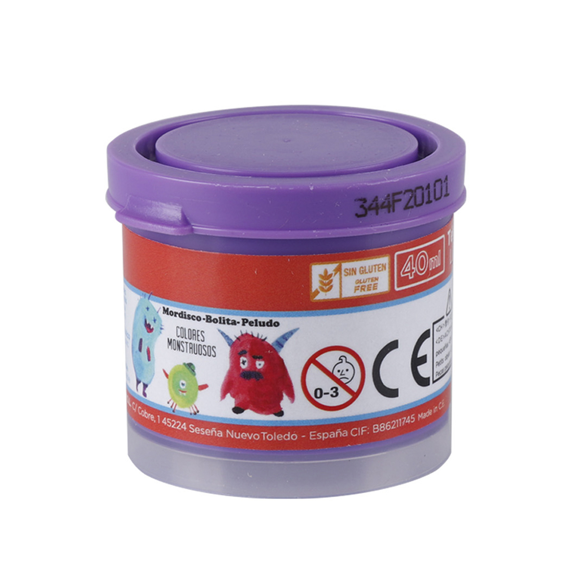 Coperchio viola su un barattolo con mostri colorati, 40 ml, senza glutine.