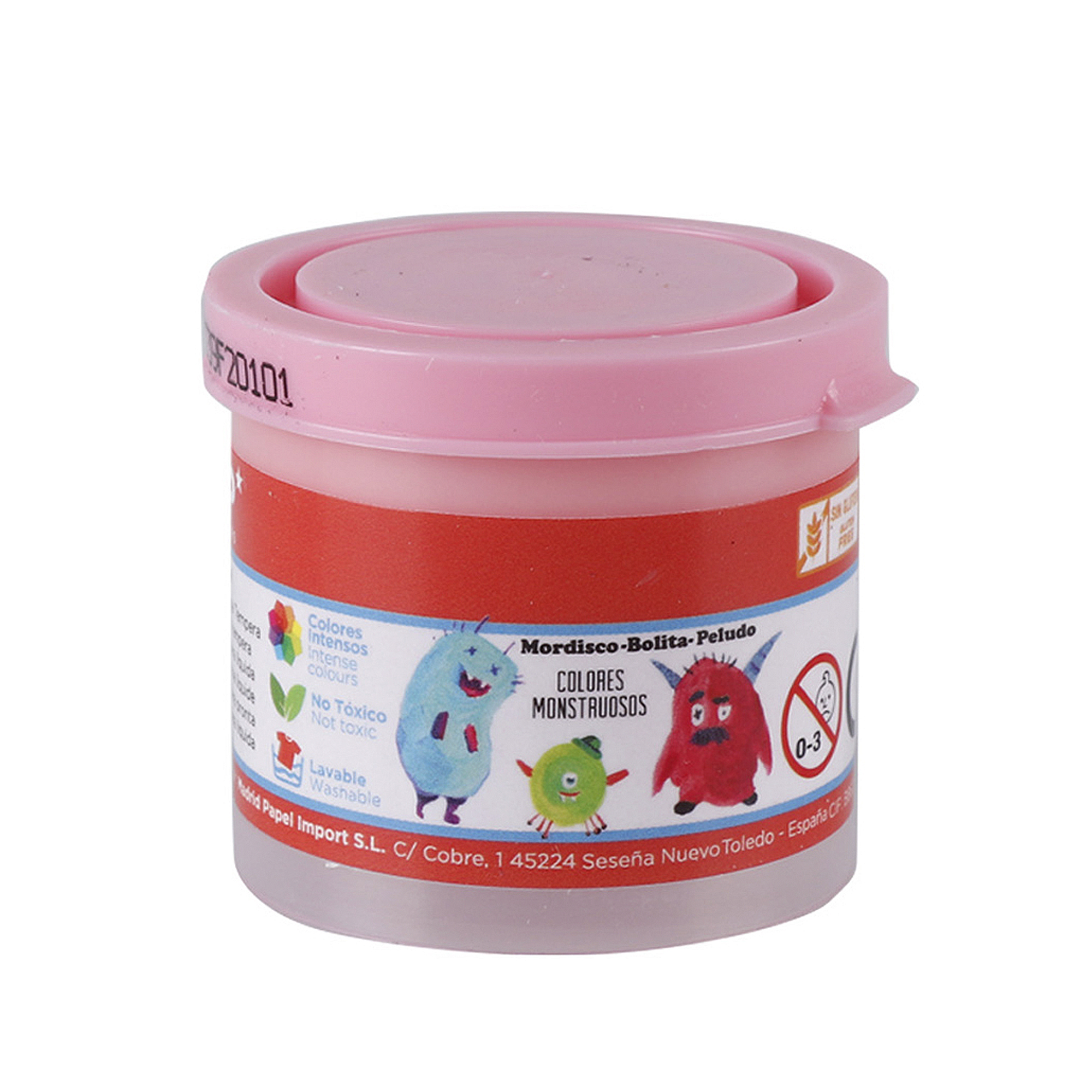 Un contenitore con coperchio rosa ed etichetta con mostri colorati e testo.