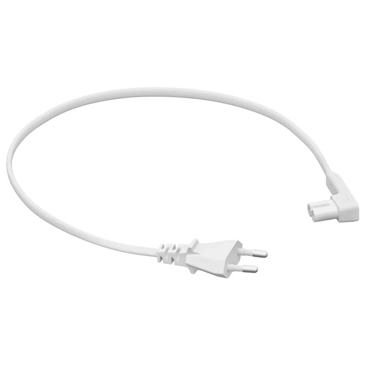 Un cable blanco con un enchufe y una toma en fondo blanco.