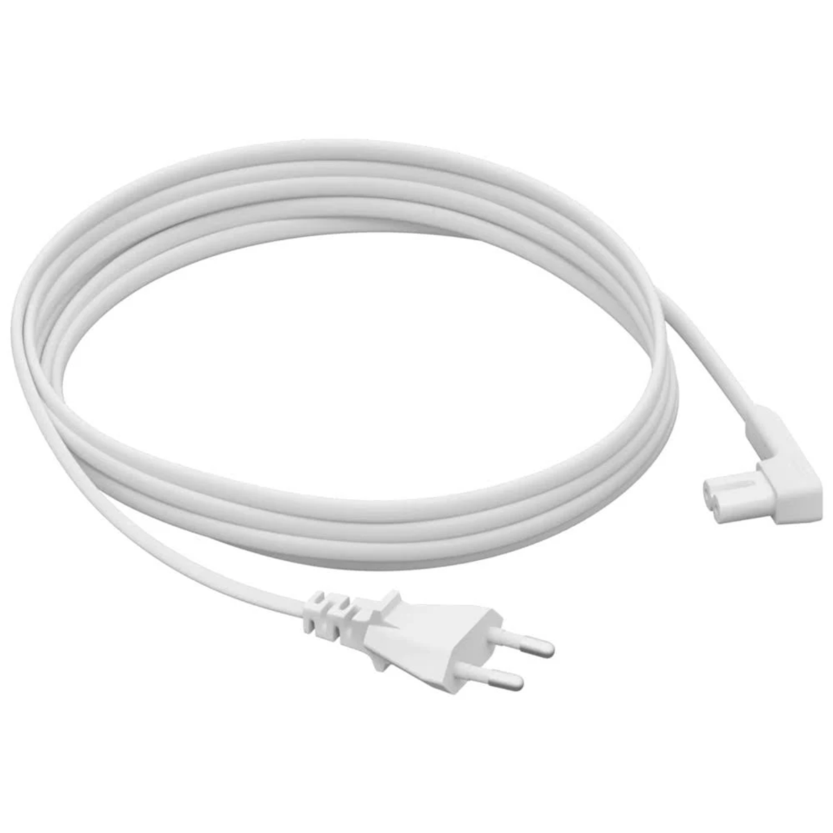 Cable de alimentación blanco enrollado, con enchufe europeo y conector en ángulo.