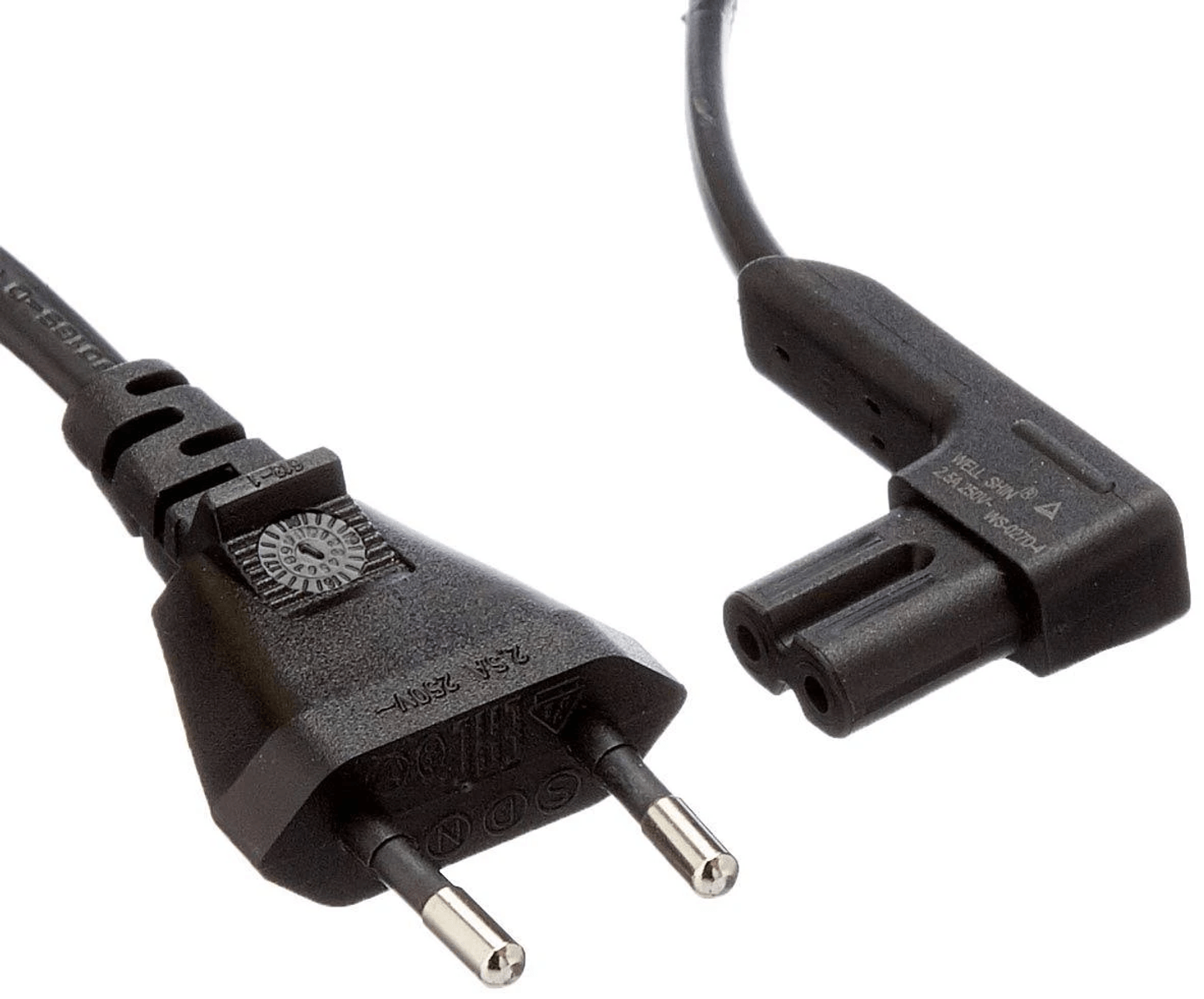 Un cable de alimentación negro con dos enchufes: un Schuko y un conector en ángulo.