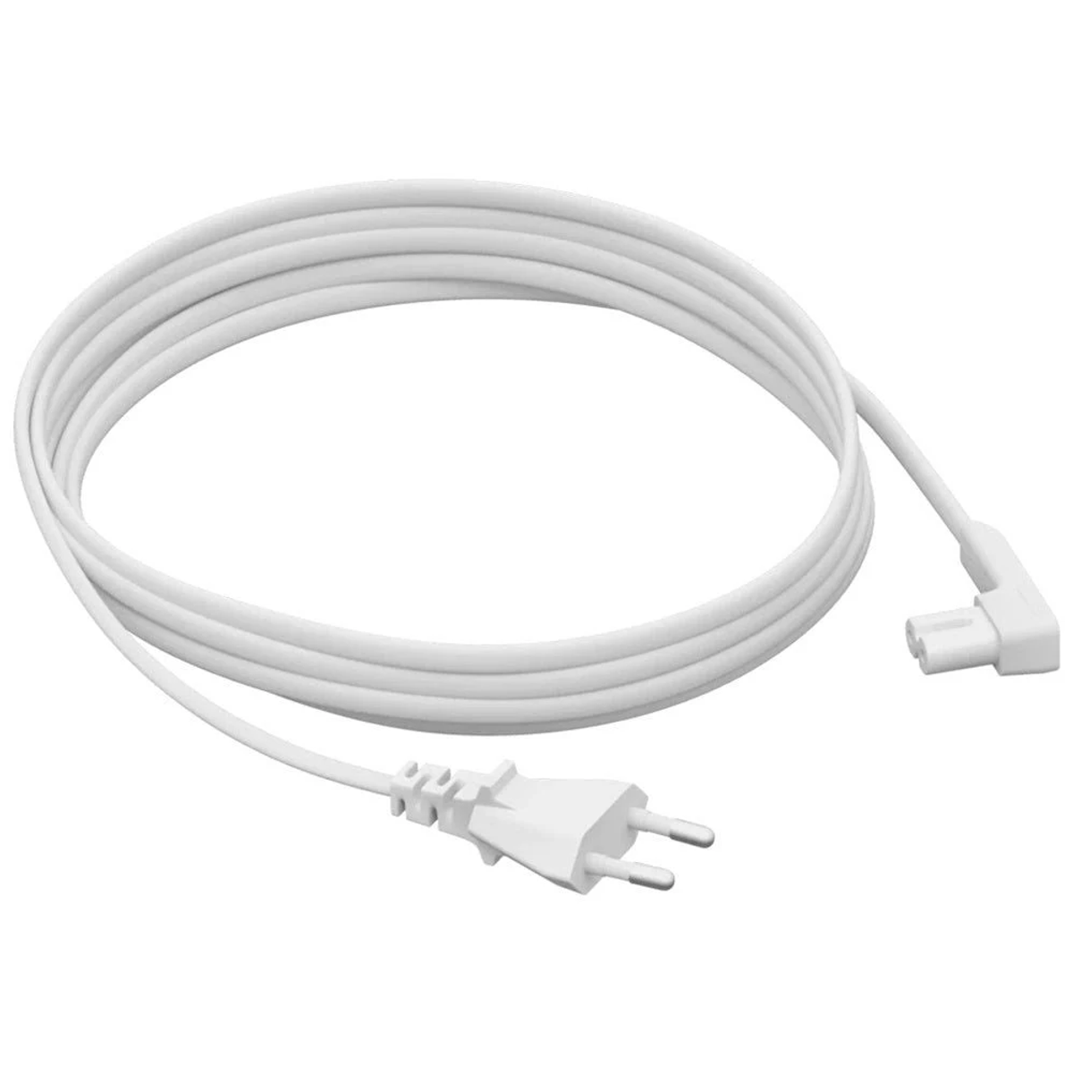 Un cable de alimentación blanco con un enchufe y un conector en ángulo.