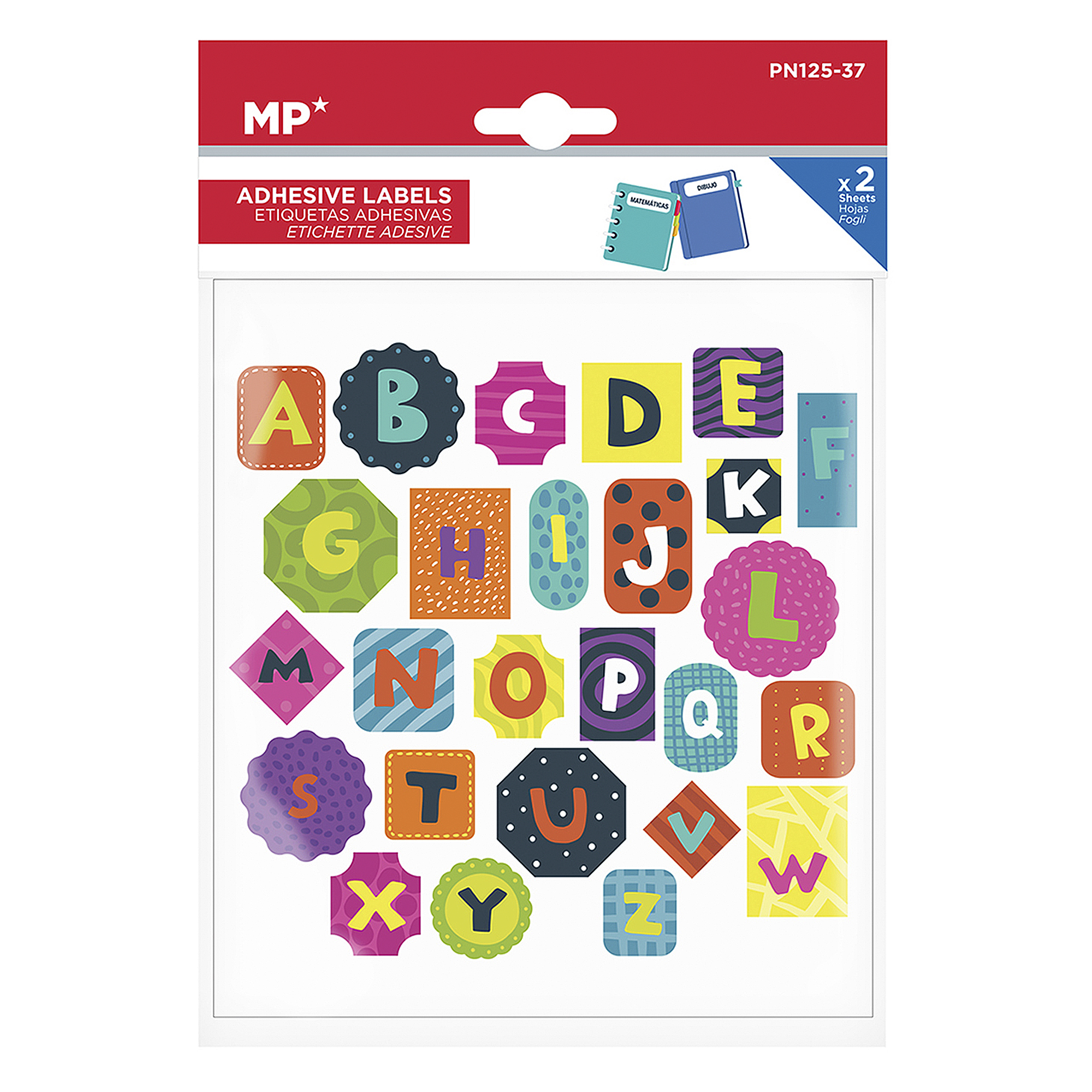 Pegatinas con letras coloridas del abecedario A-Z sobre fondo blanco.