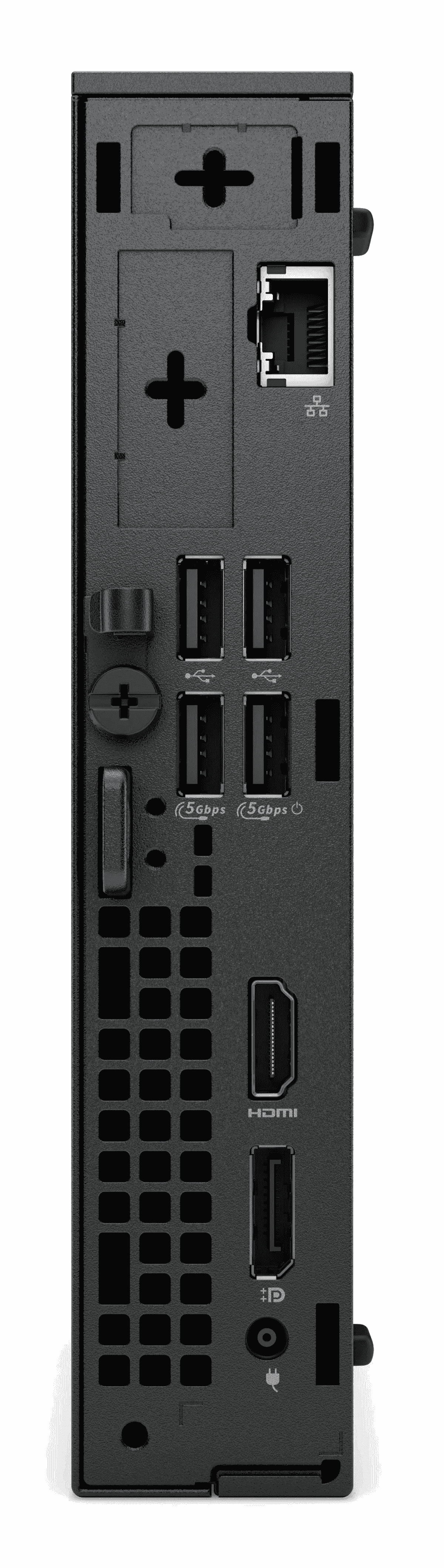 Parte trasera de ordenador negro: Puerto de red, puertos USB, HDMI, conector de alimentación.