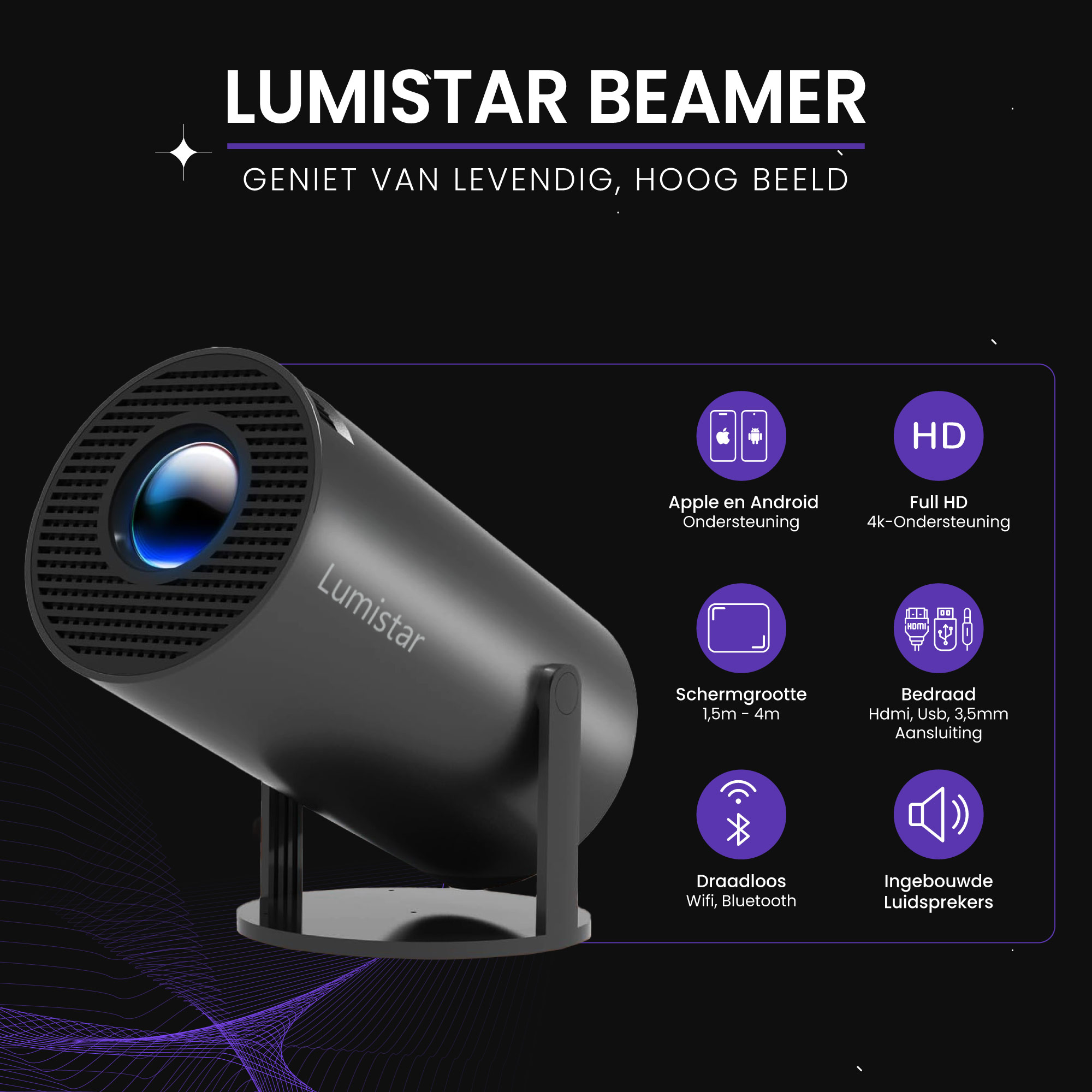 A black Lumistar beamer featuring HD resolution and connectivity options.