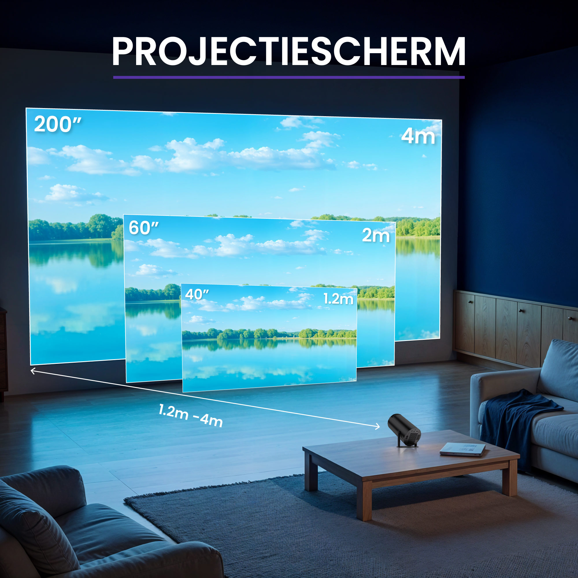 Projection screen showing sizes 200", 60", and 40".