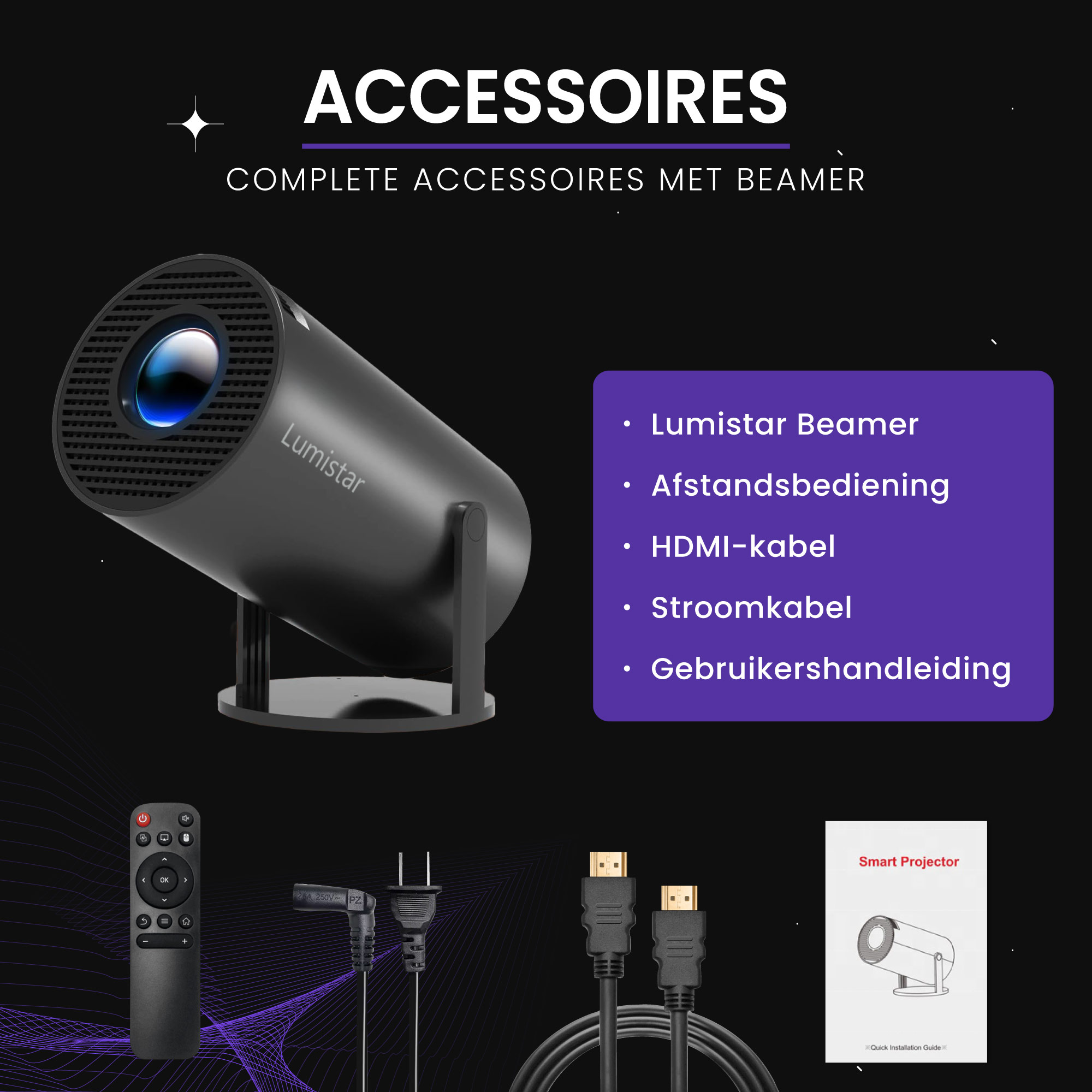 A black projector with accessories: remote, cables, and manual.