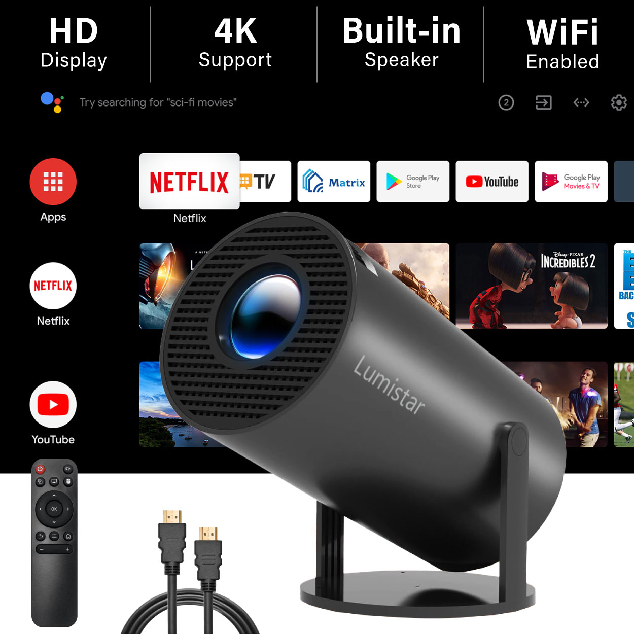 A black projector with remote and HDMI cables sits on a smart TV screen.