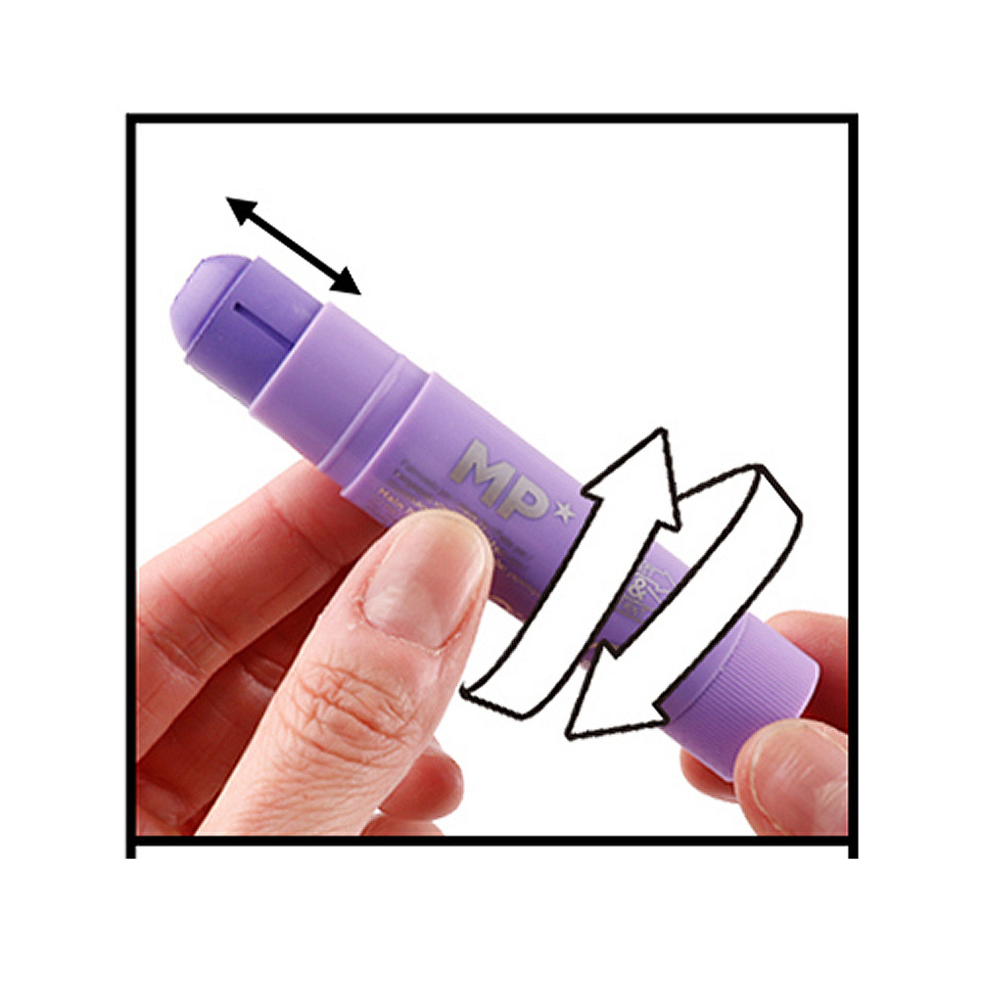 Una mano tiene una penna viola, mostrando movimento rotatorio e scorrevole.
