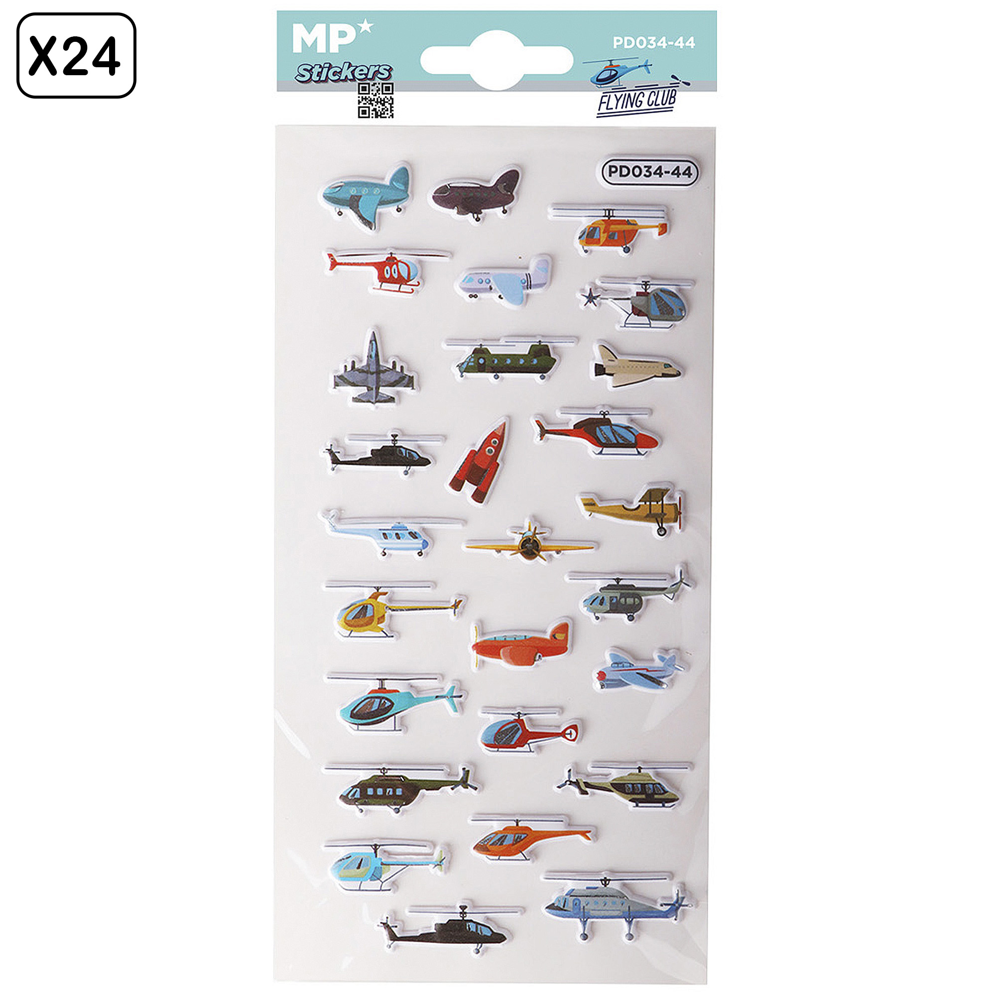 Hoja de pegatinas con 24 diseños de aviones y helicópteros en varios colores.