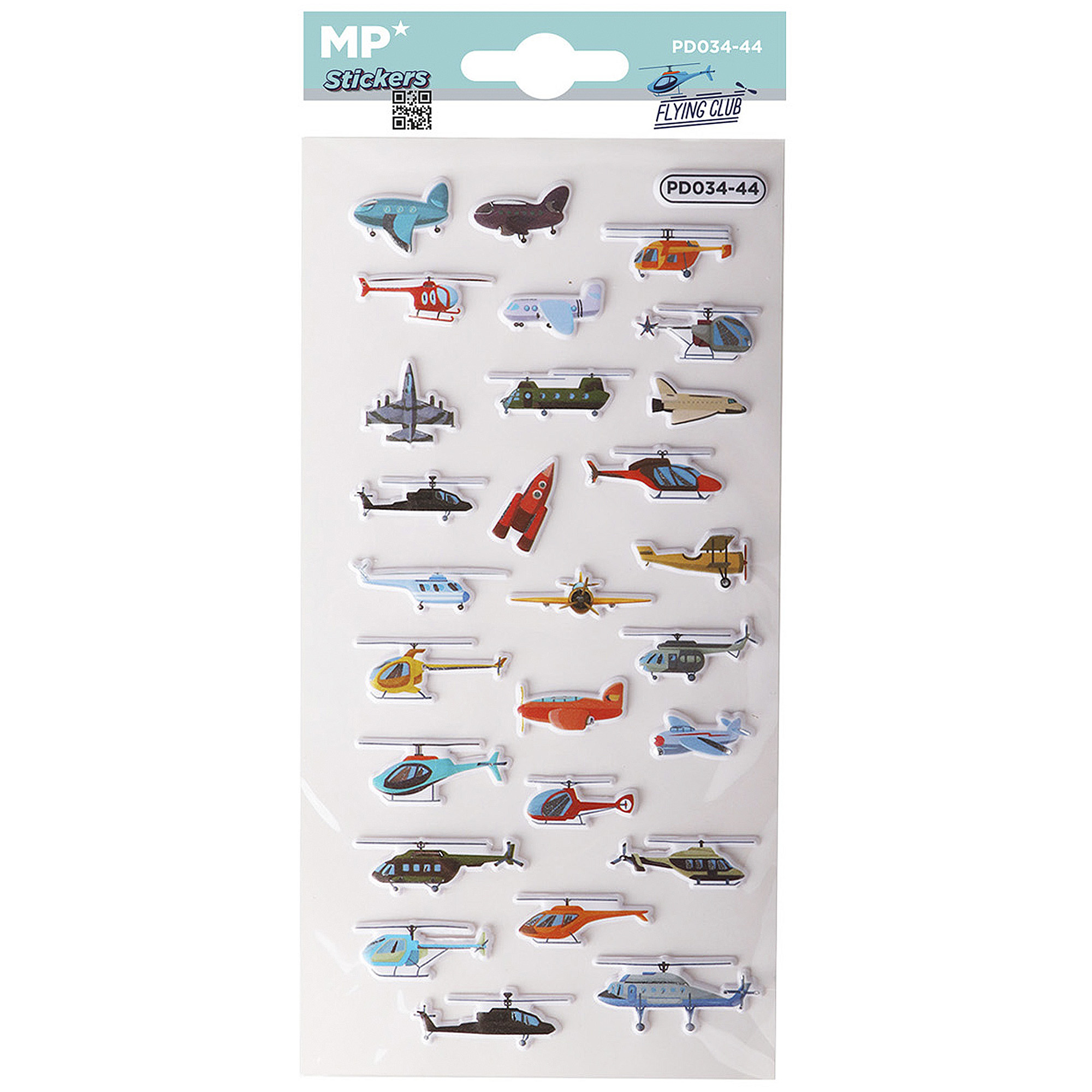 Hoja de pegatinas con varios diseños de aviones y helicópteros en tonos coloridos.
