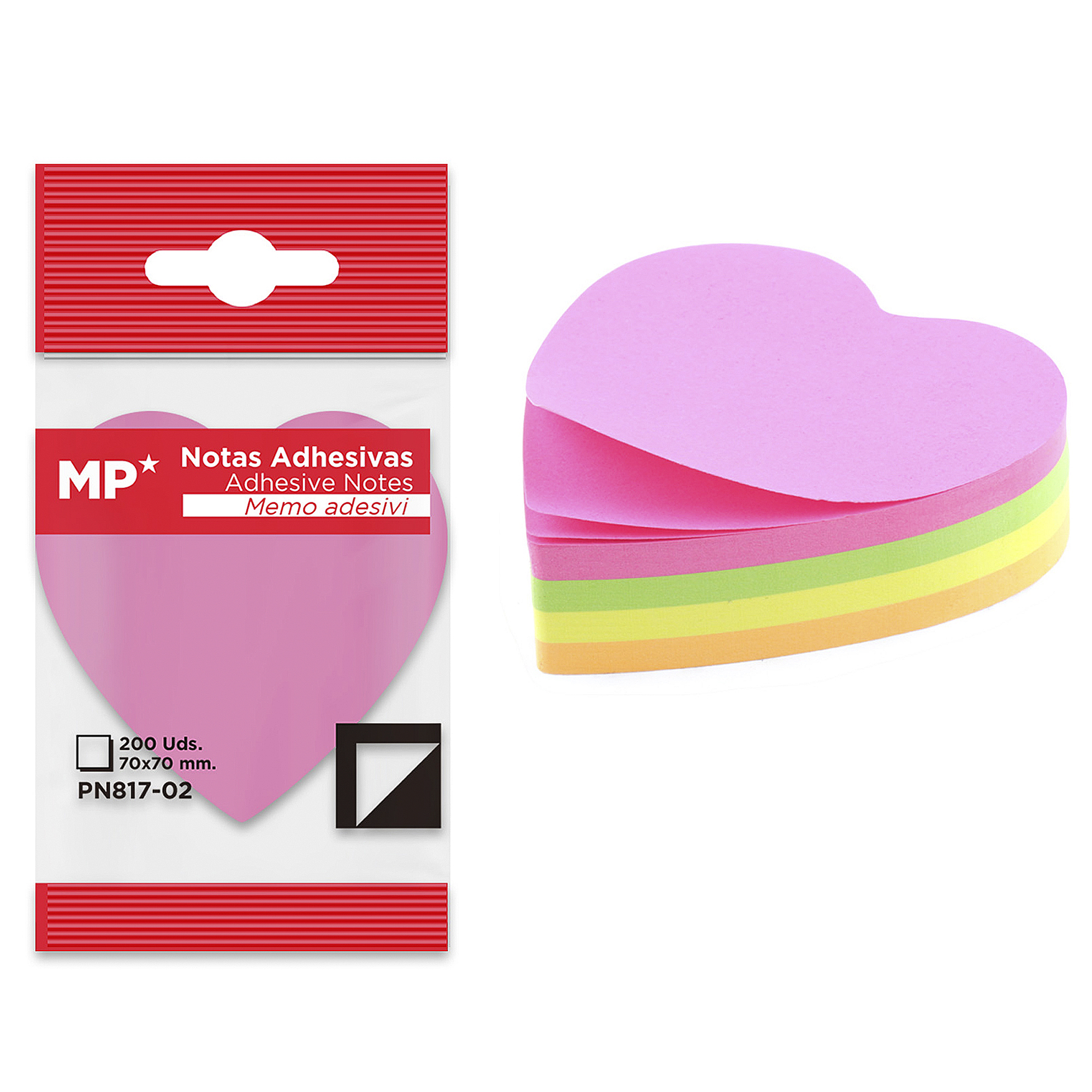 Note adesive a forma di cuore in colori assortiti, confezionate e sfuse.