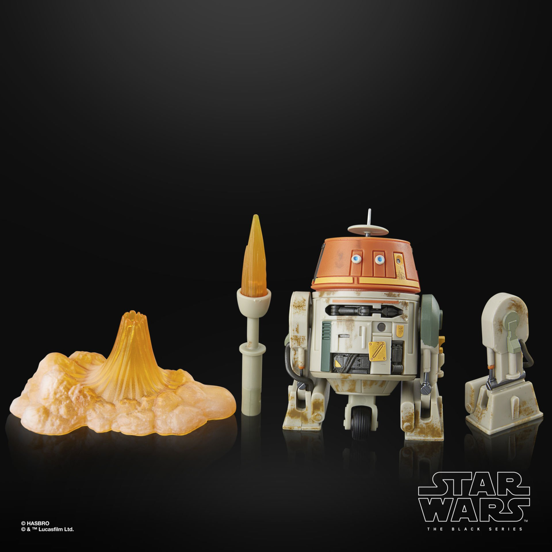 Figuras de Star Wars: un droide beige con cabeza naranja, una antorcha y accesorio.