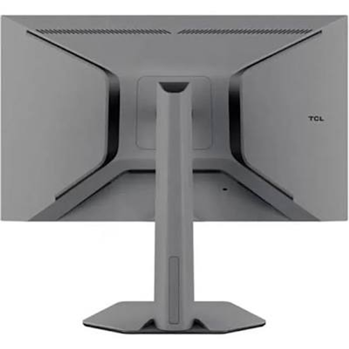 Vista trasera de un monitor gris con logo TCL y soporte.