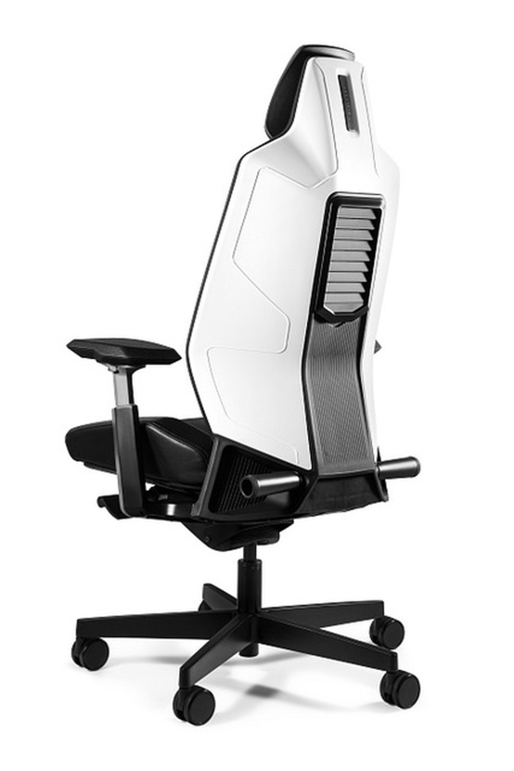 Nowoczesne biało-czarne krzesło gamingowe z regulowanymi podłokietnikami i podstawą na kółkach.