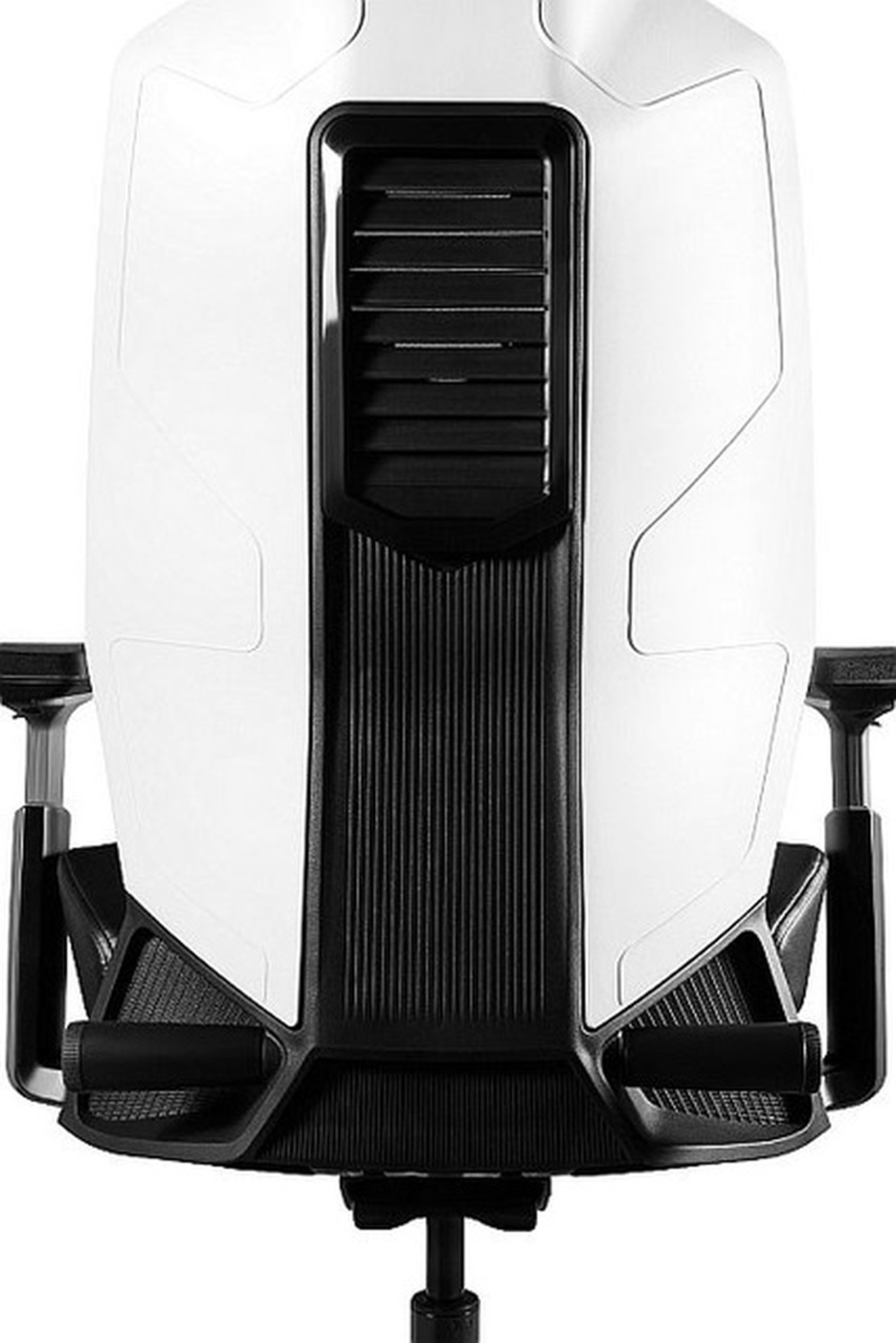 Tył białego fotela biurowego z czarnymi akcentami i otworami wentylacyjnymi.