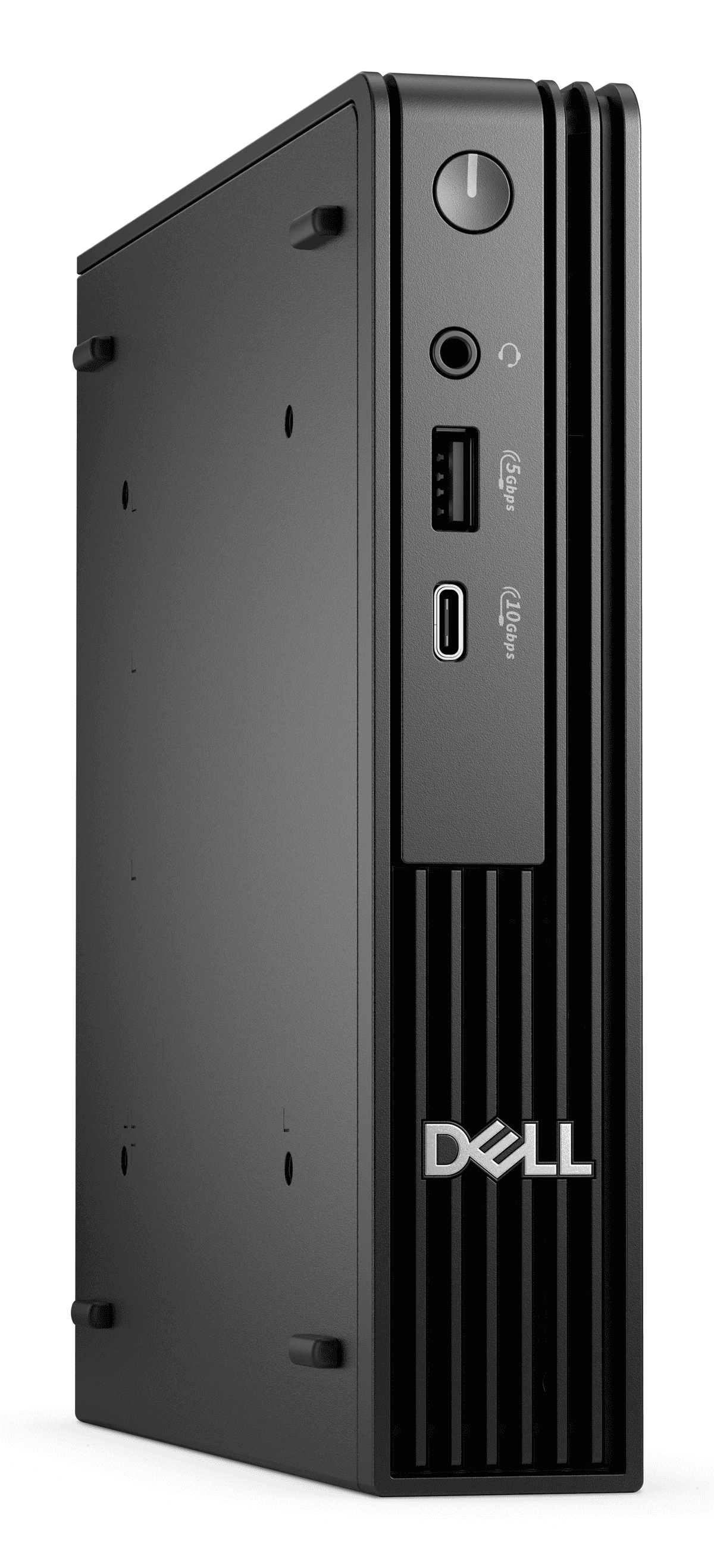 Mini PC Dell negro con puertos USB y de audio frontales.