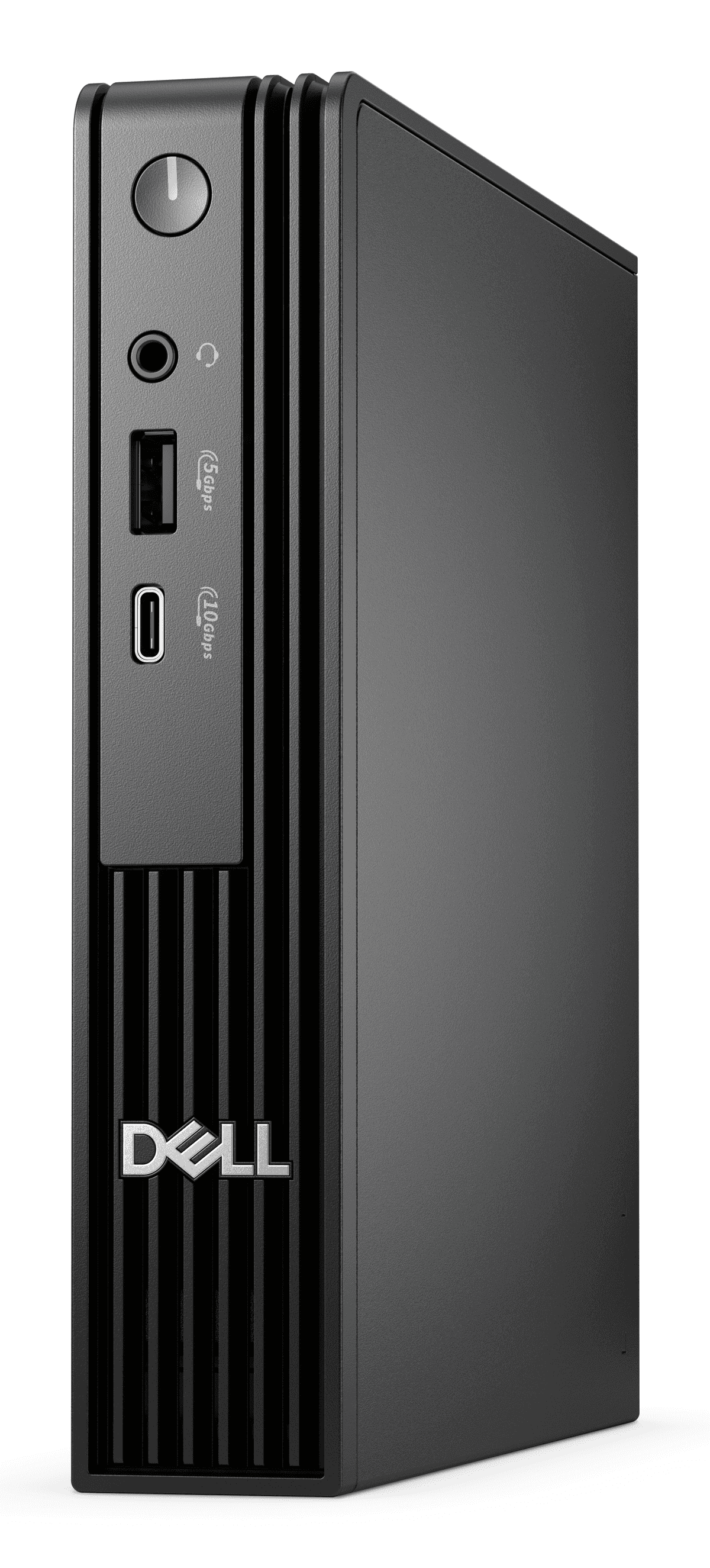 Mini PC Dell negro con puertos frontales y botón de encendido.