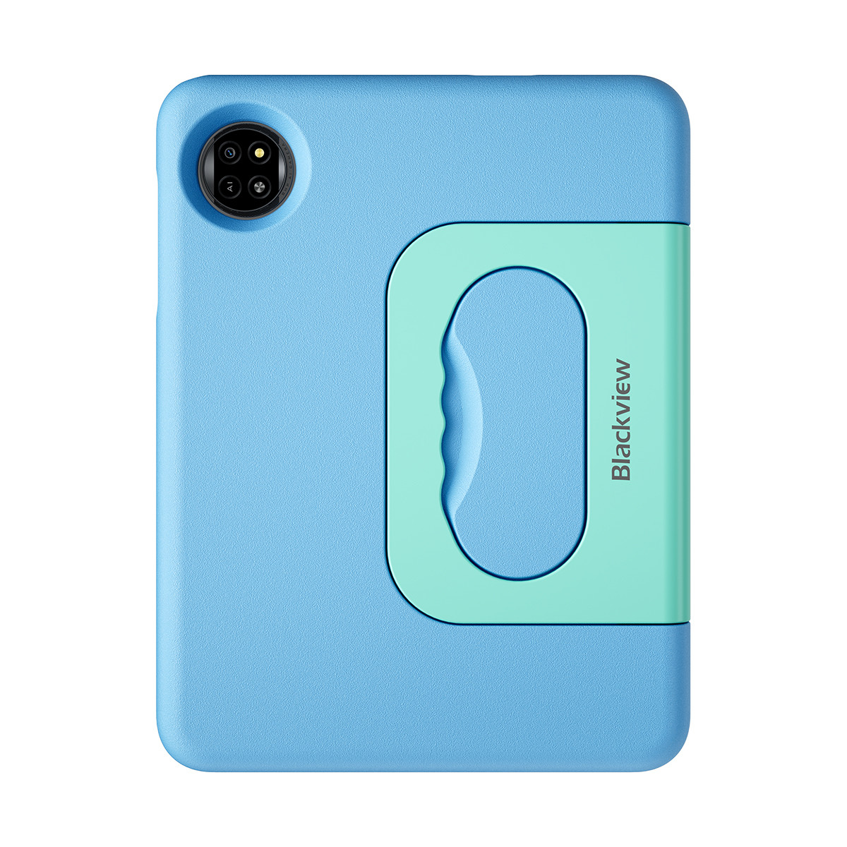 Una custodia blu per tablet con manico turchese e ritaglio fotocamera.