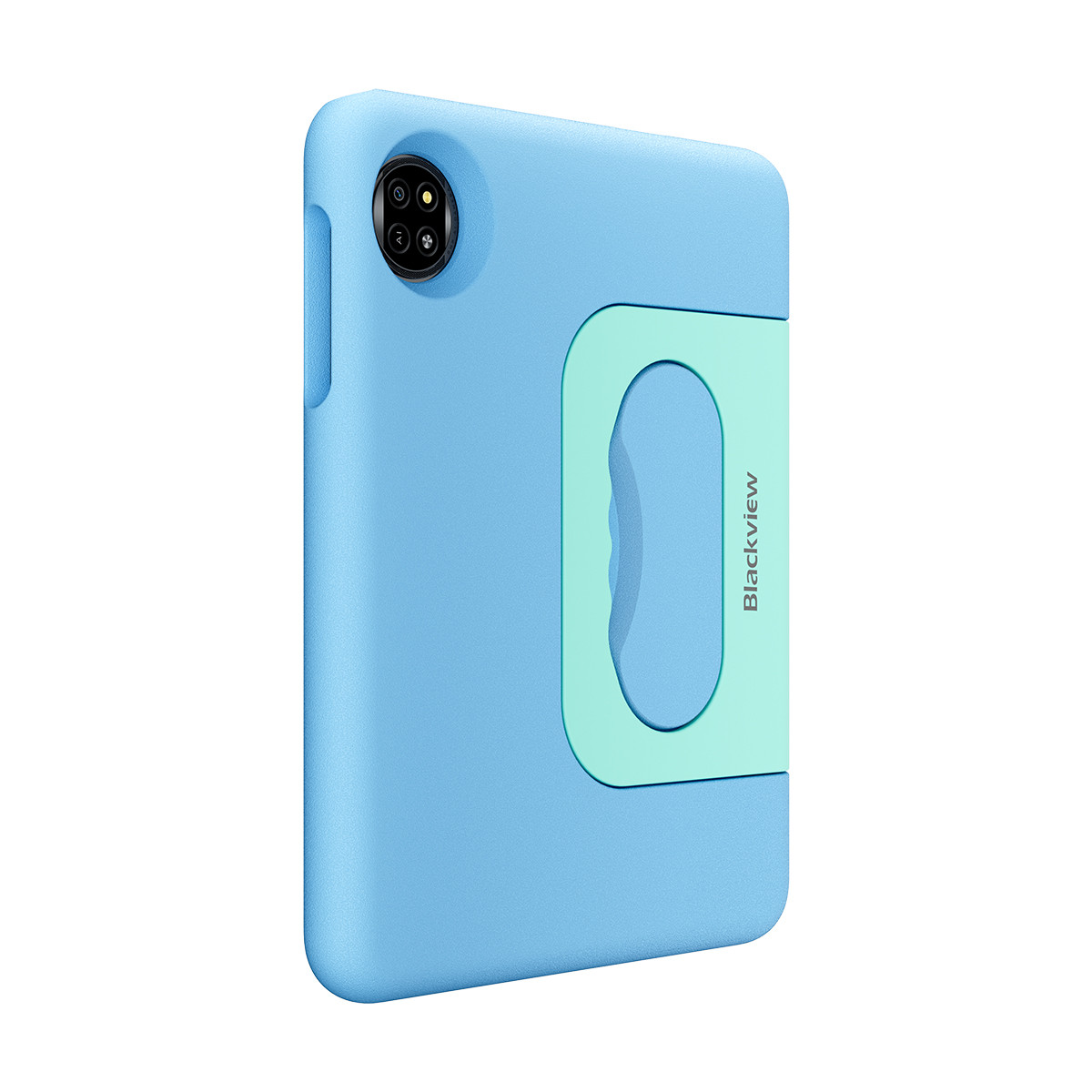 Un tablet blu con supporto verde chiaro sul retro e obiettivi della fotocamera.