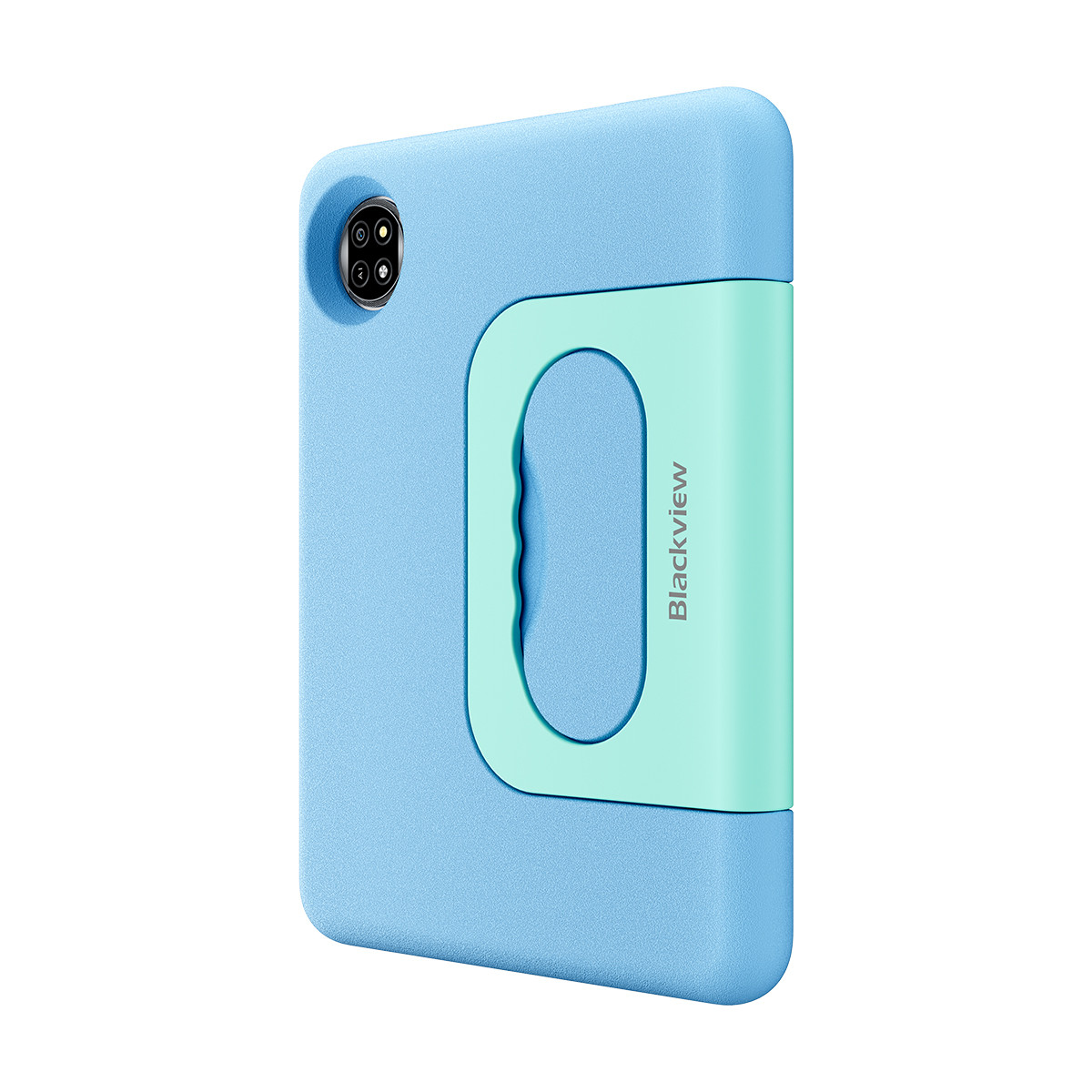 Custodia per tablet azzurra con manico verde menta e logo Blackview.