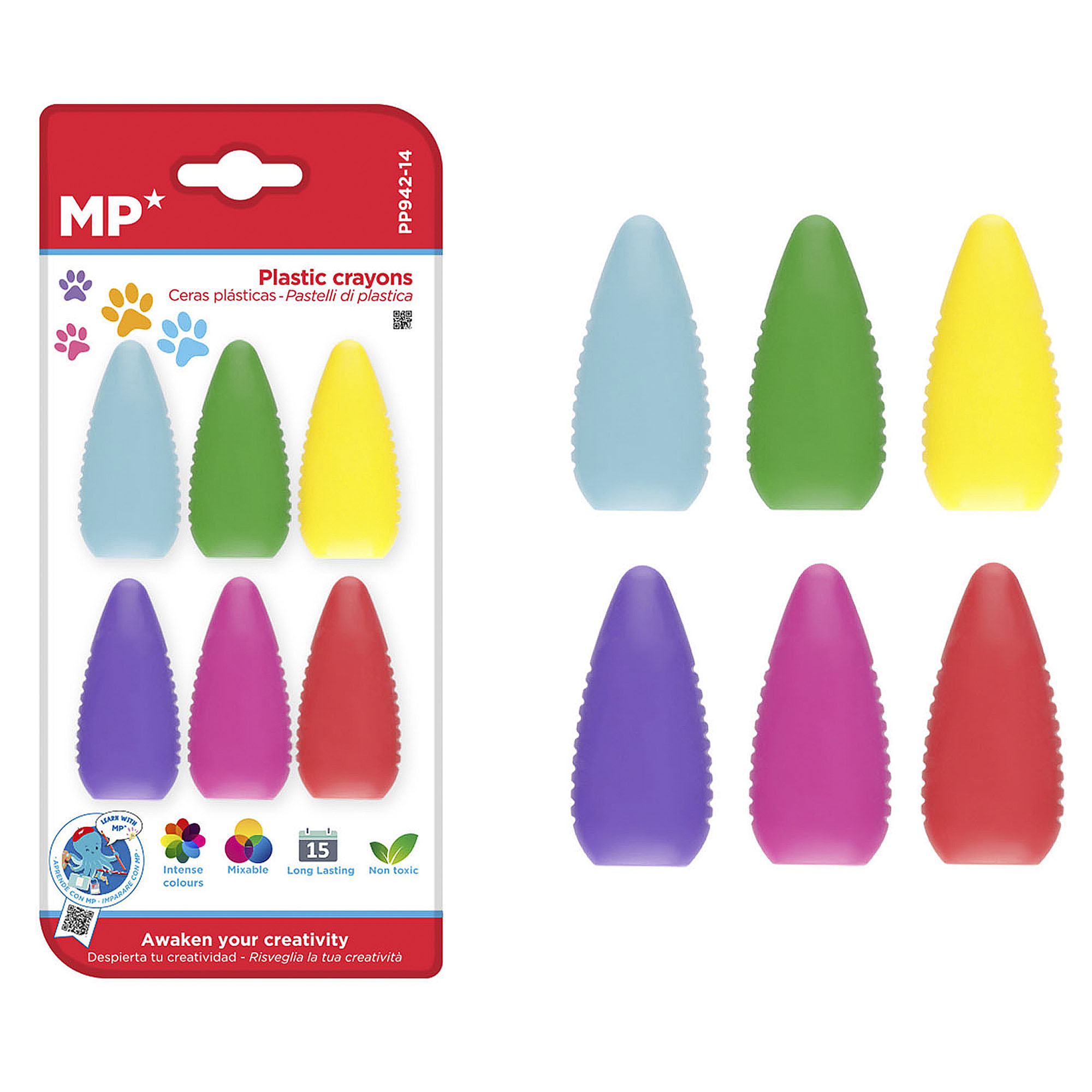 Confezione con sei pastelli di plastica colorati: azzurro, verde, giallo, viola, rosa, rosso.