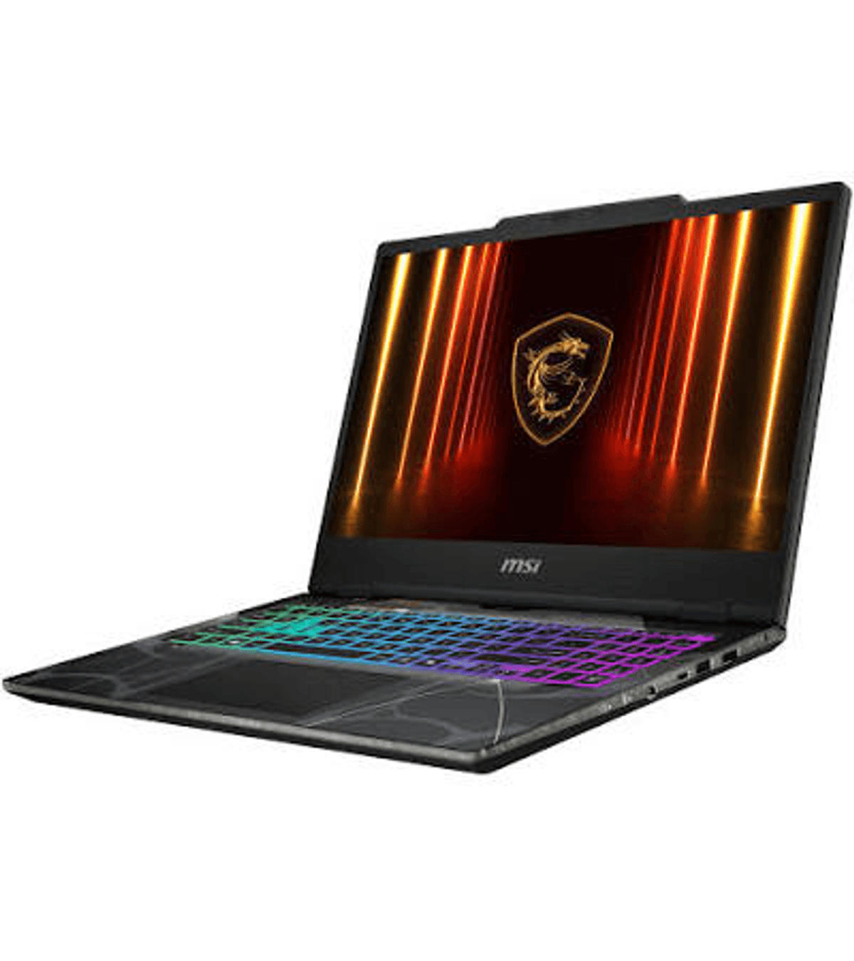 Un portátil MSI abierto con teclado retroiluminado y logo de dragón en pantalla.