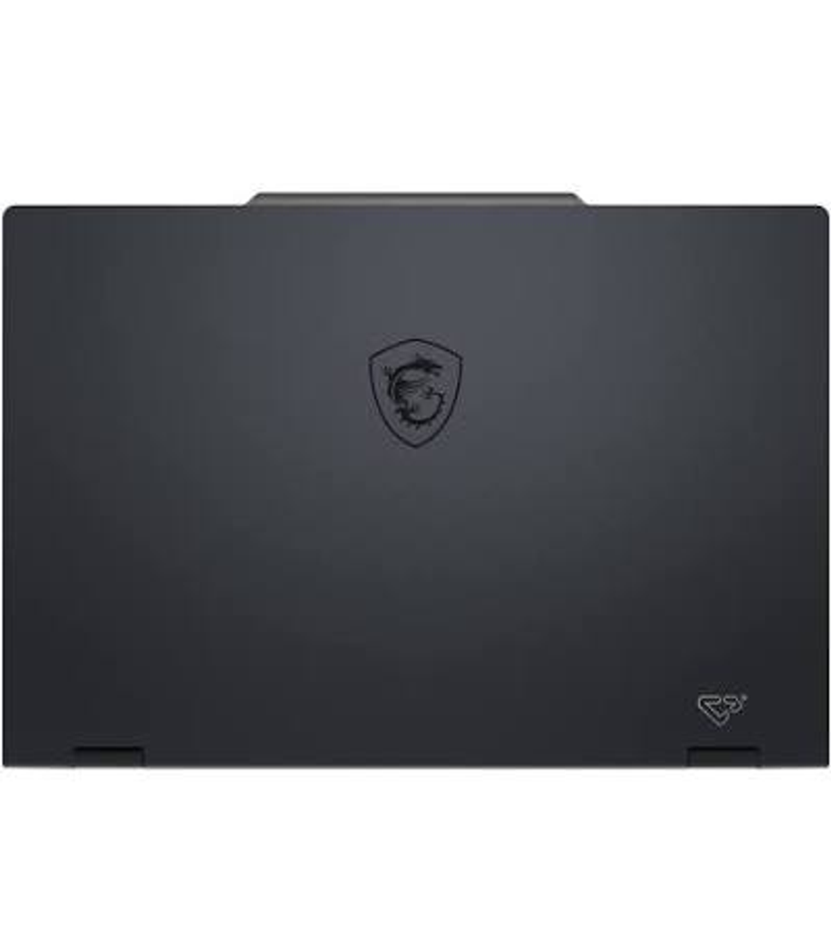 Portátil MSI negro cerrado con logo de dragón y símbolo pequeño.