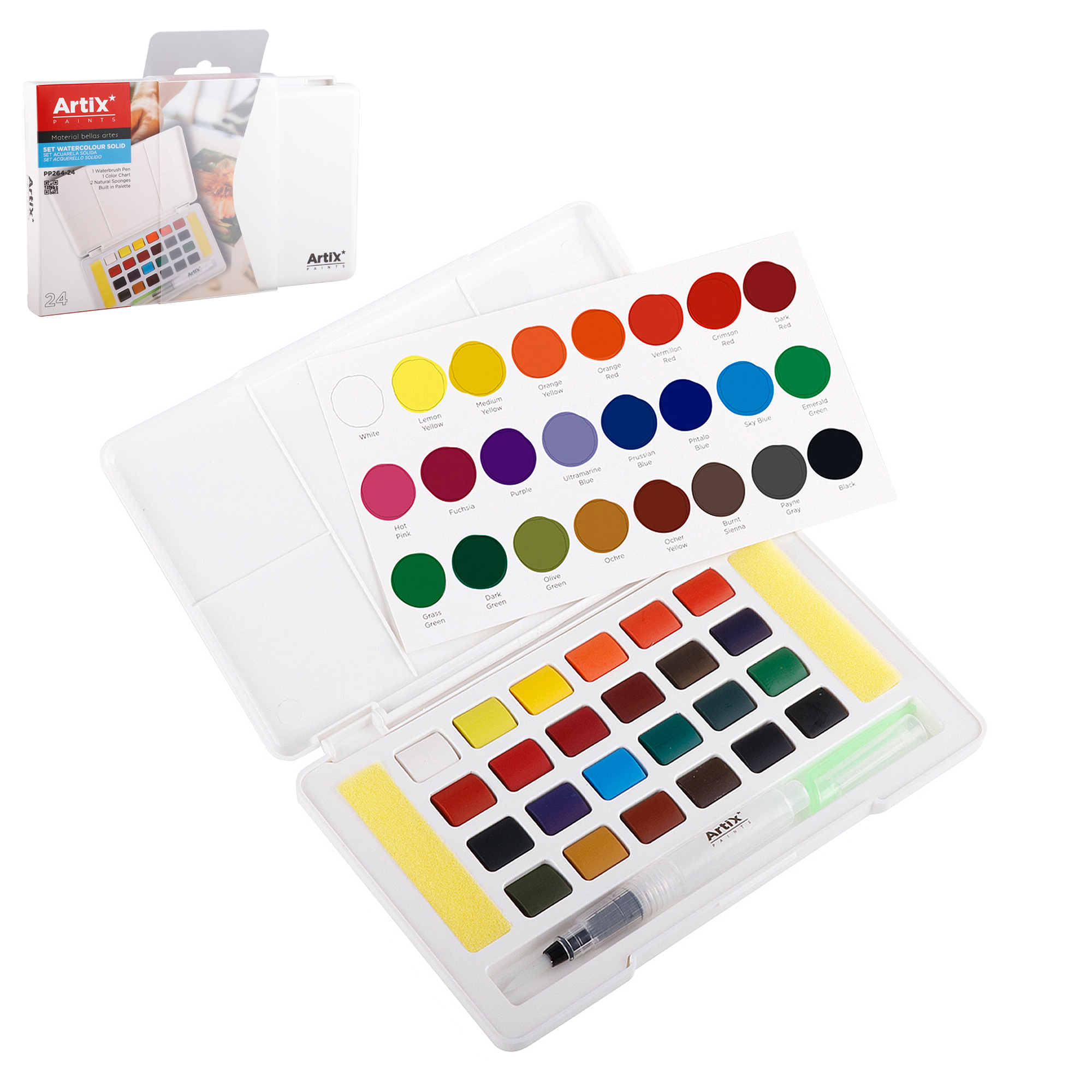 Un set di acquerelli aperto con 24 colori, pennello ad acqua e spugna.