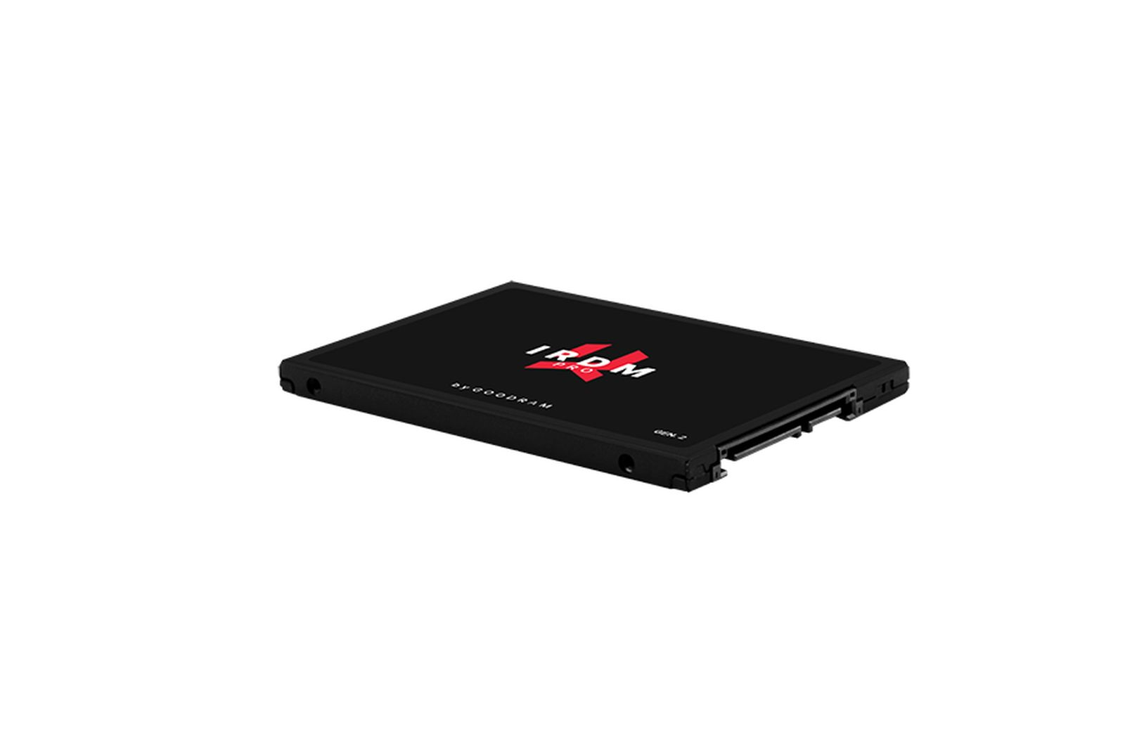 Un SSD nero con logo IRDM PRO rosso e connettore argentato.