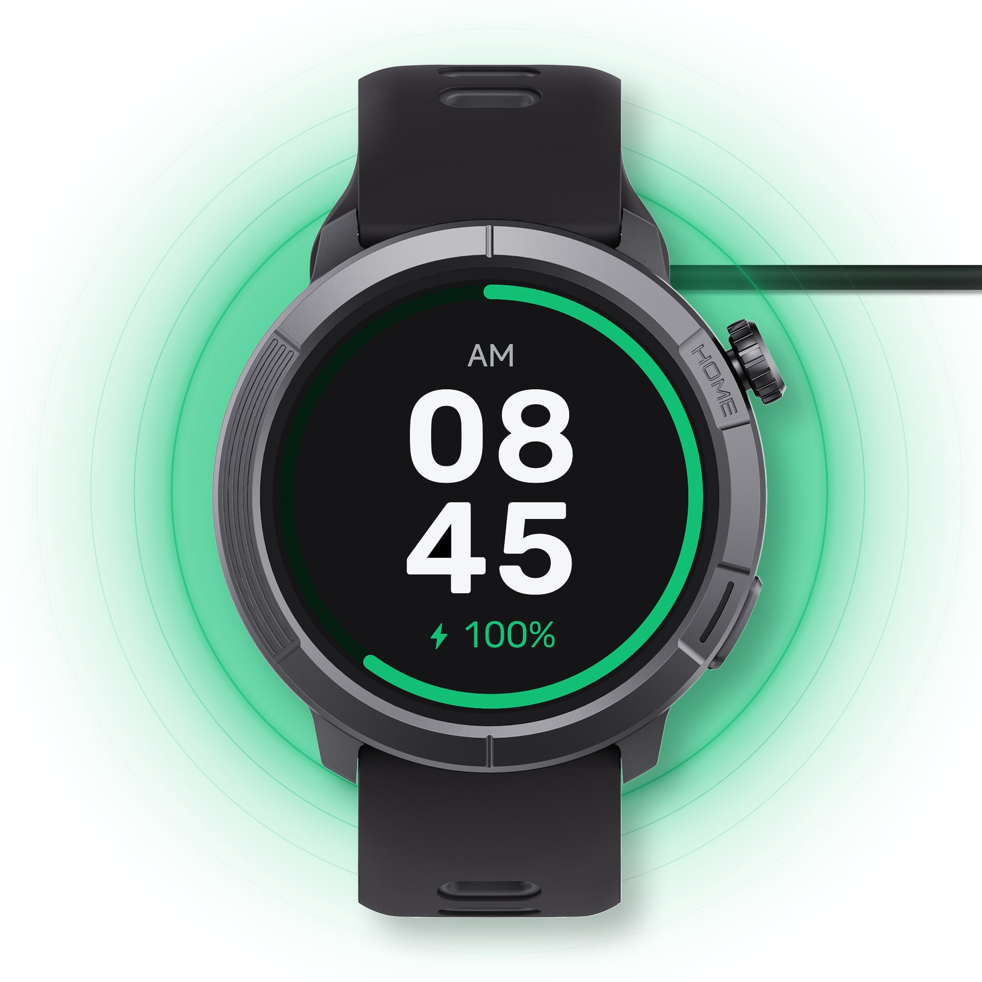 Szary smartwatch z czarnym paskiem pokazuje 08:45 i 100% baterii.