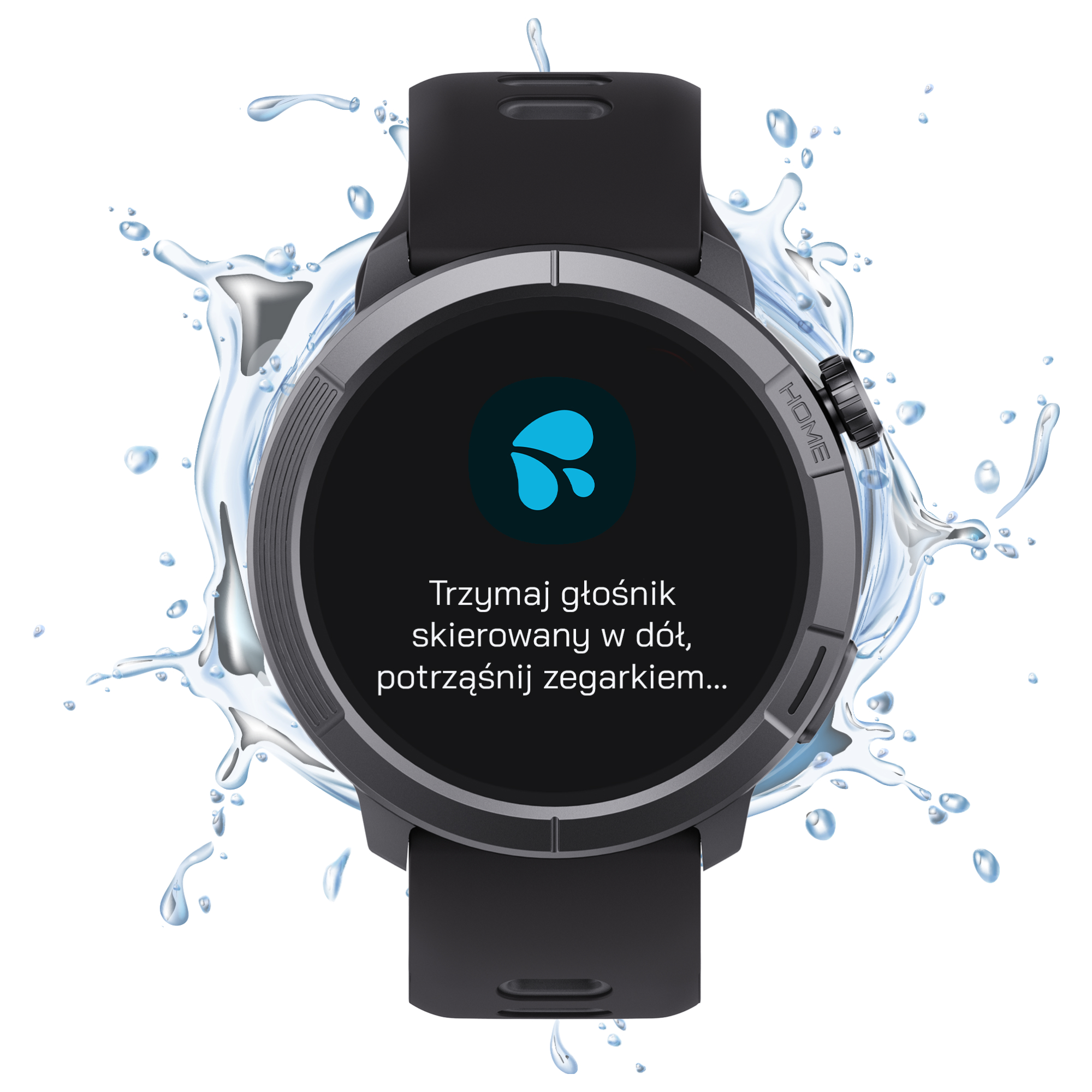Szary smartwatch z ikoną kropli wody i tekstem na ekranie.