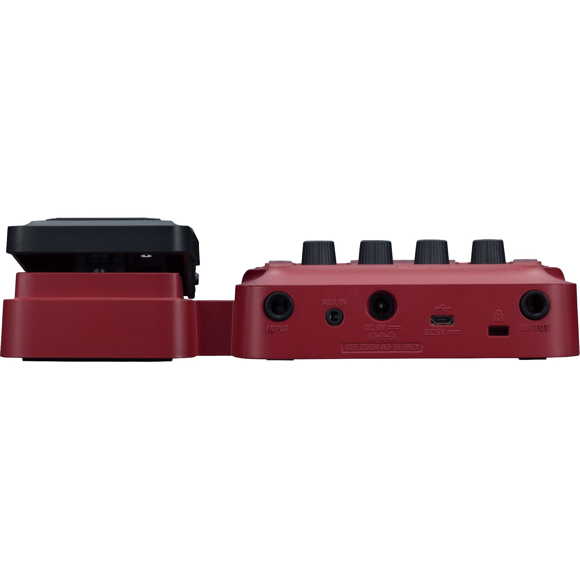 Rood gitaareffectpedaal met zwart expressiepedaal, met knoppen en poorten.