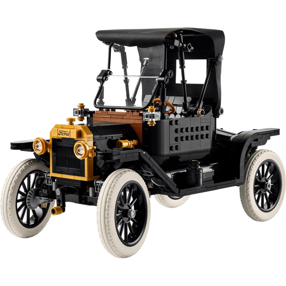Czarny model Lego zabytkowego Forda z białymi oponami i brązową maską.