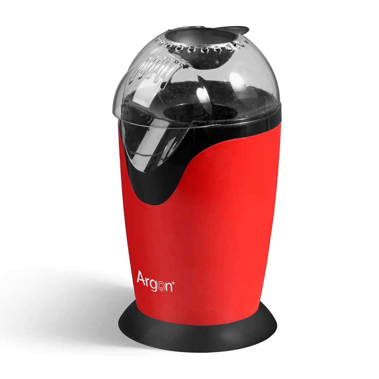 Una macchina per popcorn rossa con base nera e coperchio trasparente.