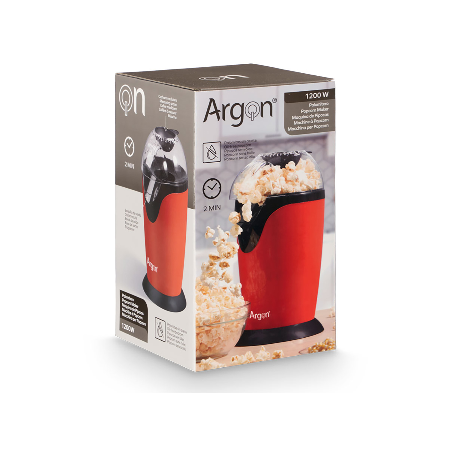 Macchina per popcorn rossa con coperchio trasparente, popcorn volano fuori.