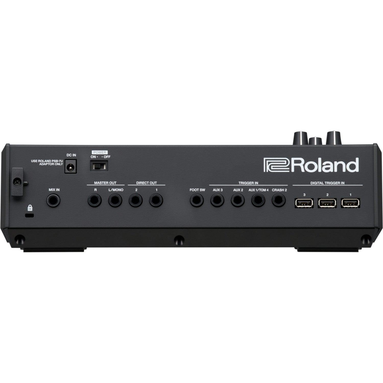 Back of a black Roland drum module with ports and labels.