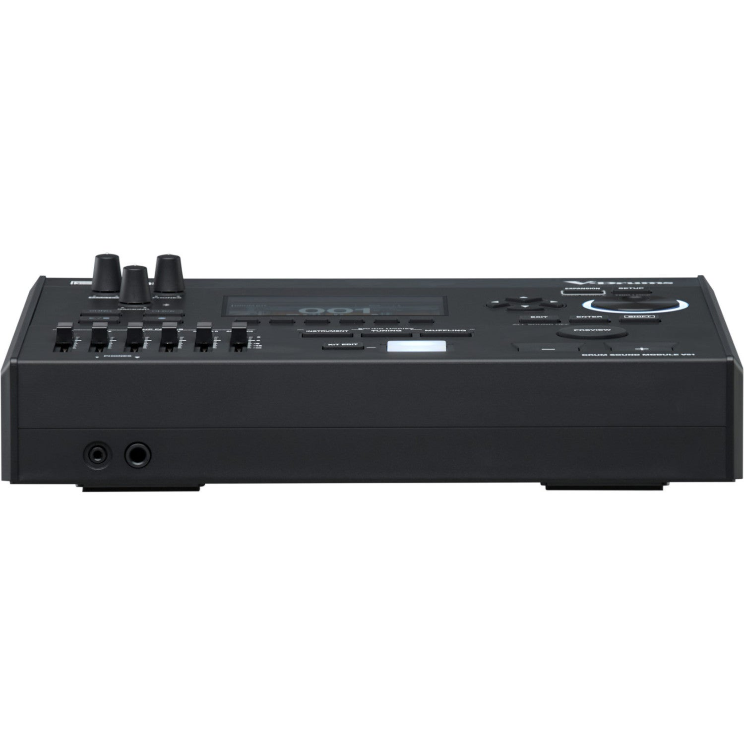 Black electronic musical instrument with knobs, sliders, and a screen.