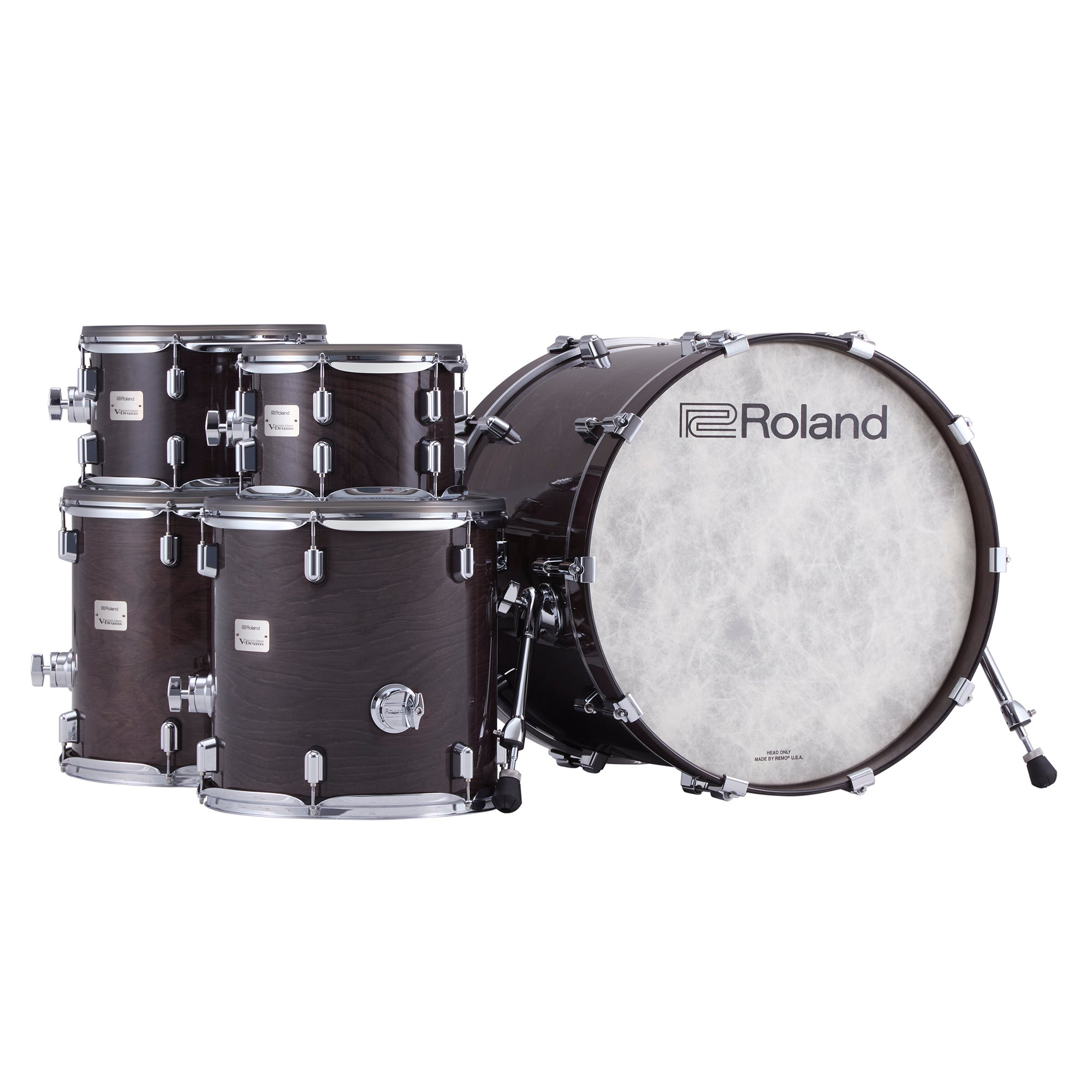 Een donkerhouten drumstel met Roland-logo op de bassdrum, op witte achtergrond.