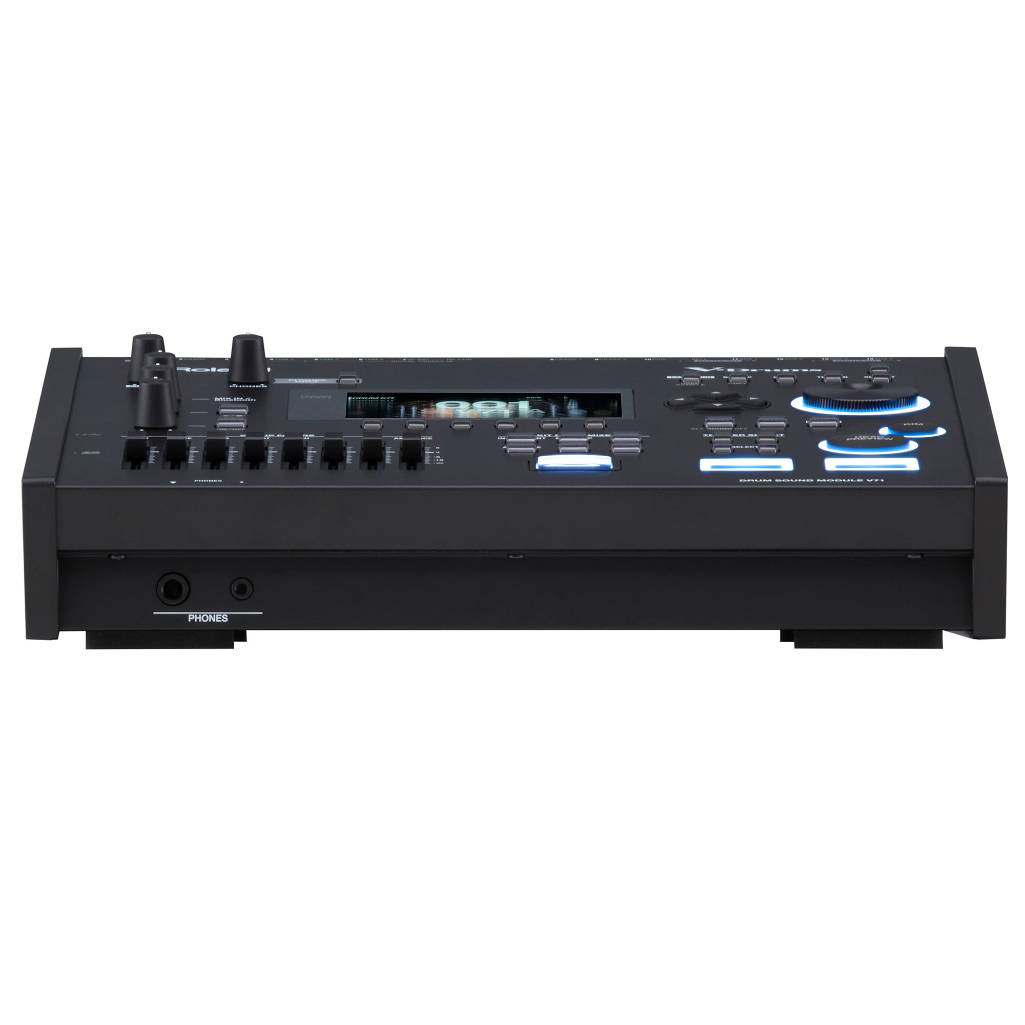 Zwarte Roland V-Drums V7 module met knoppen, schuiven en blauwe verlichting.