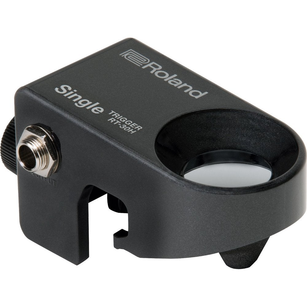 Zwarte Roland RT-30H trigger met jack-ingang en klem.